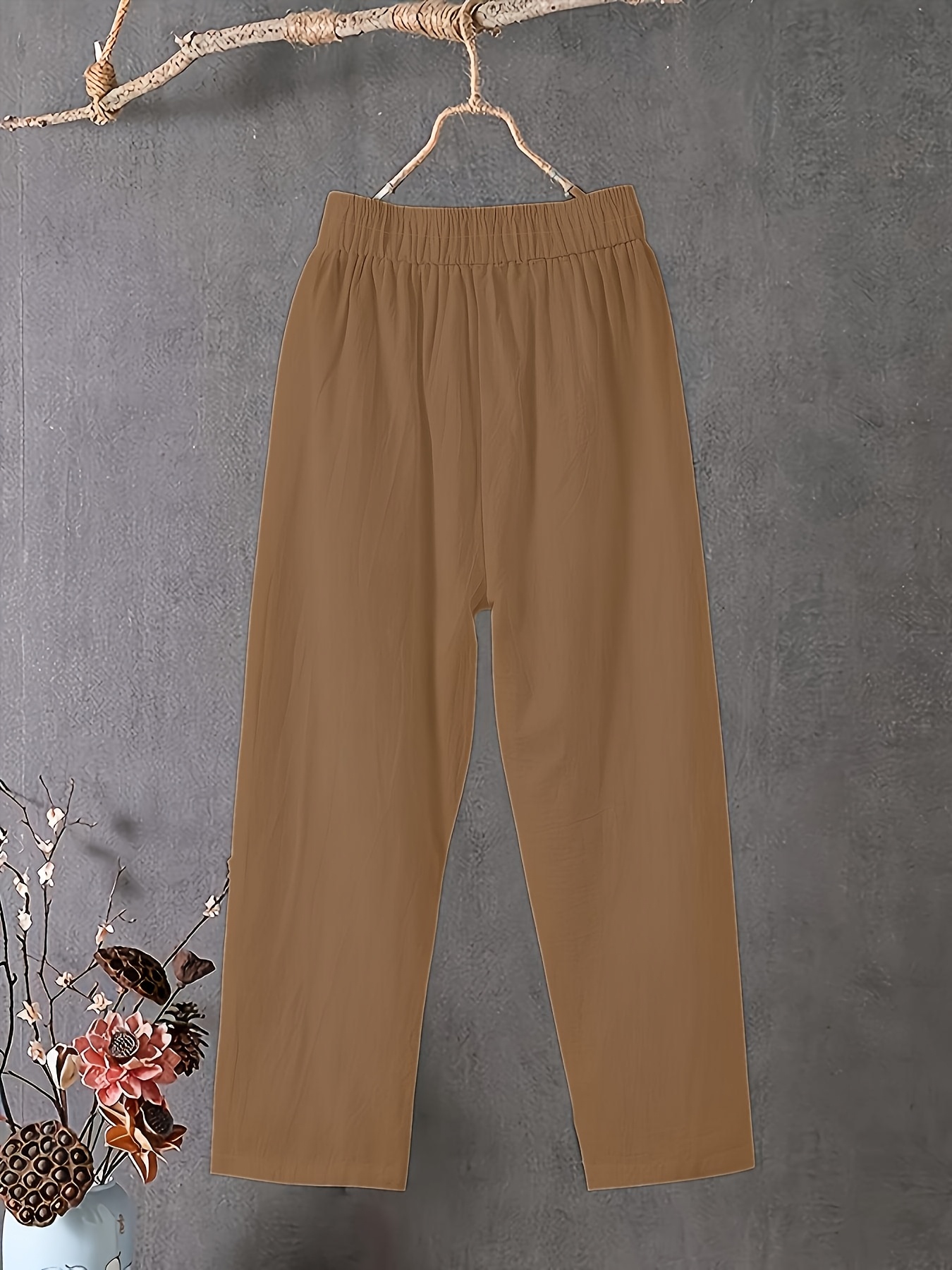 Women's Plus Size Lightweight Straight-Leg Pants - Casual White Harem Style, Elastic Waistband, Polyester, Machine Washable for Spring/Summer/Fall