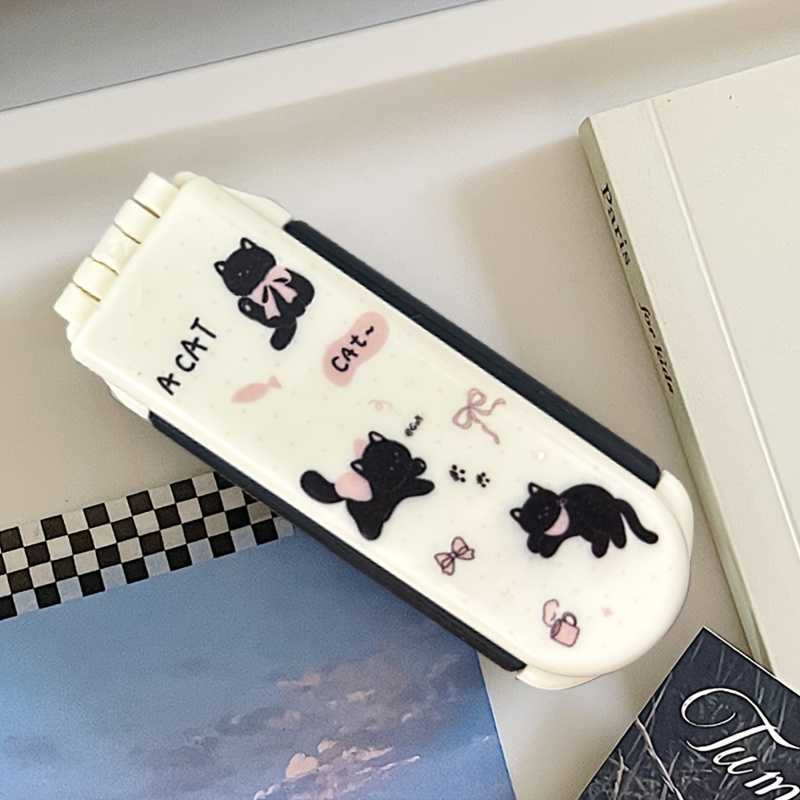 TEMU 1pc Beige Black Cat Print Comb, Portable Cushion Comb With Built-in Mirror, Foldable (pattern Placement Random)