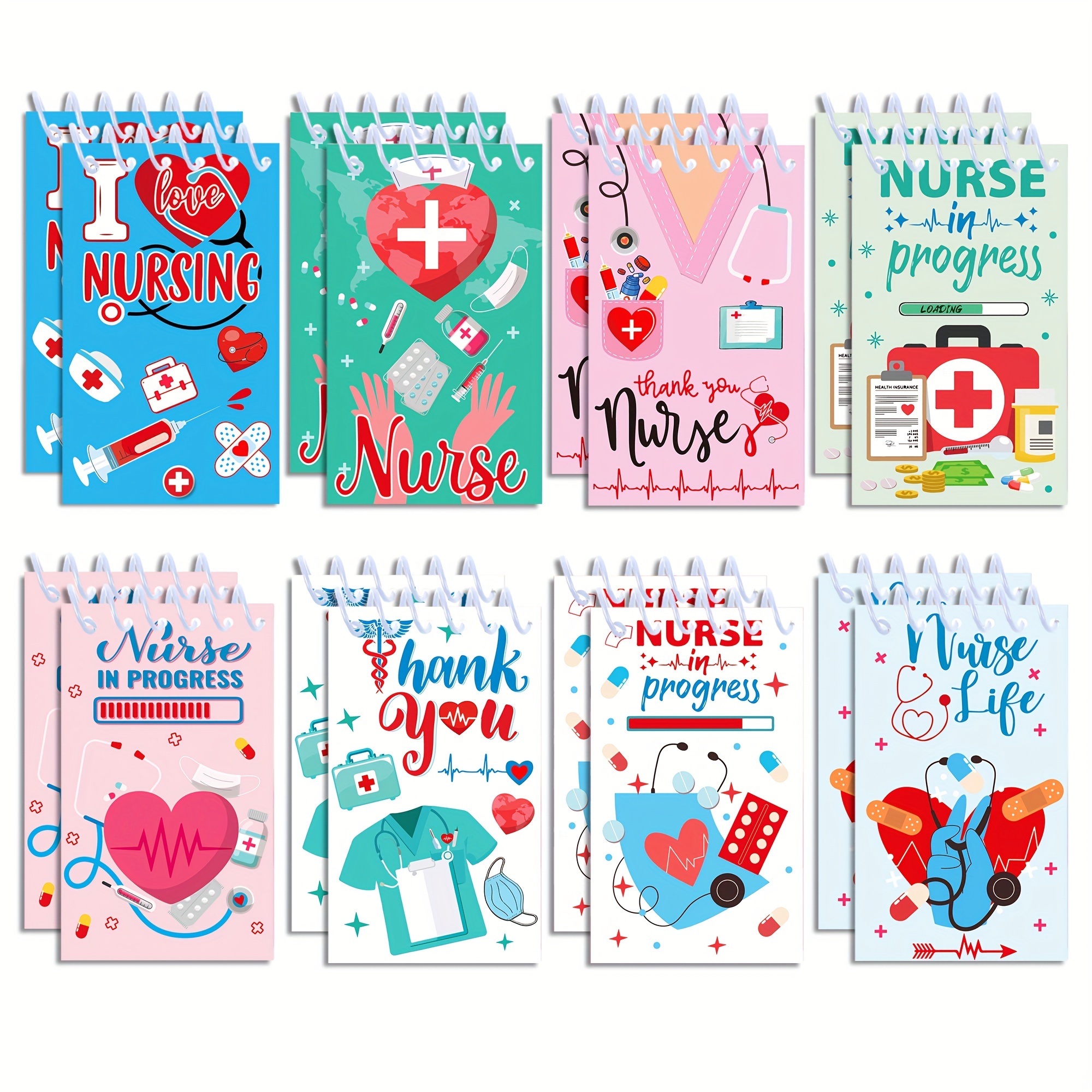 Image of 16pcs Nurse Day Mini Notebooks - Spiral Pocket Notepads, Lined Memo Pad Journals, Cartoon Theme For Nurse Day Party Supplies, Notebooks, , Cartoon Theme