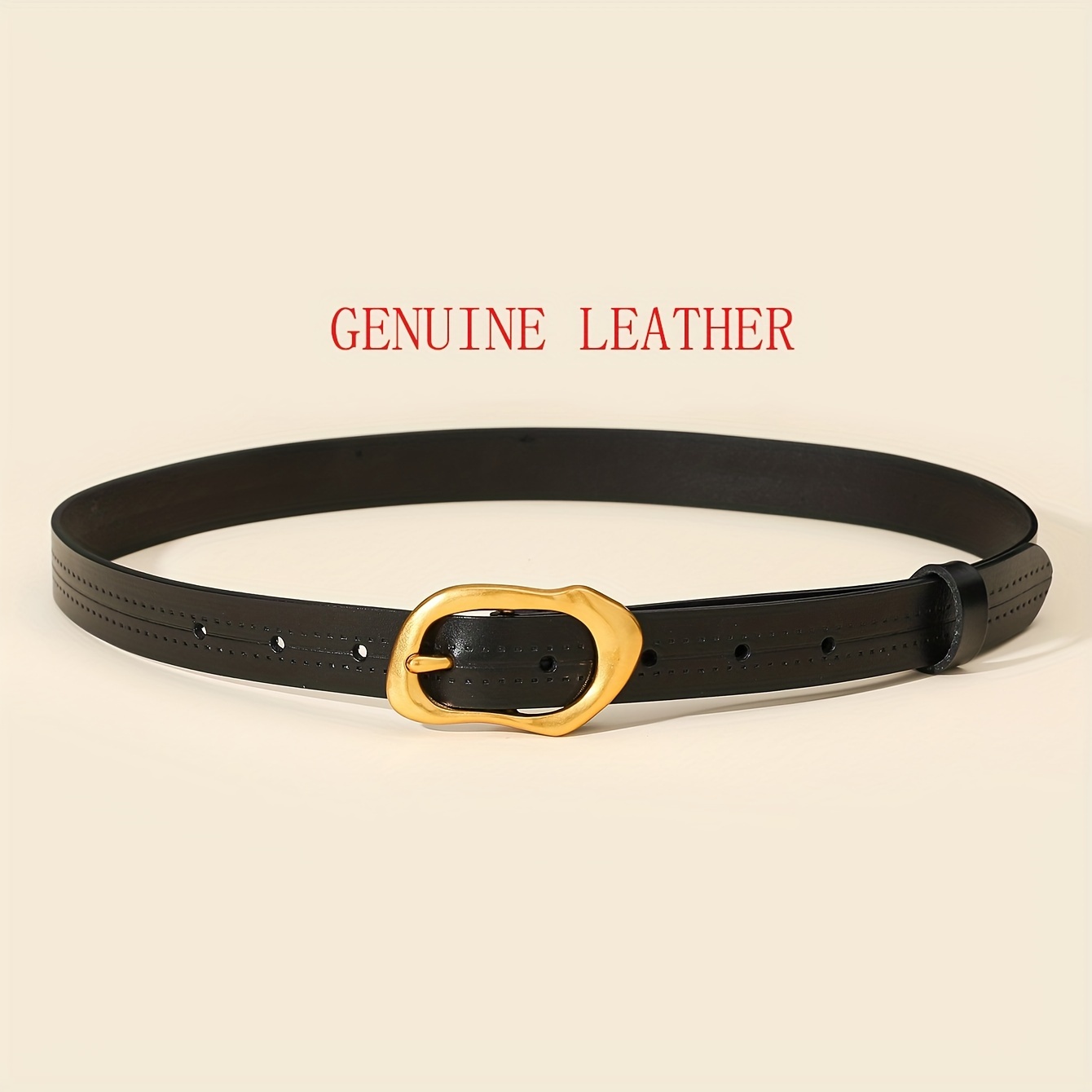 

Irregular Round Buckle Genuine Leather Belt Black Waistband Vintage Simple Style Jeans Pants Belts