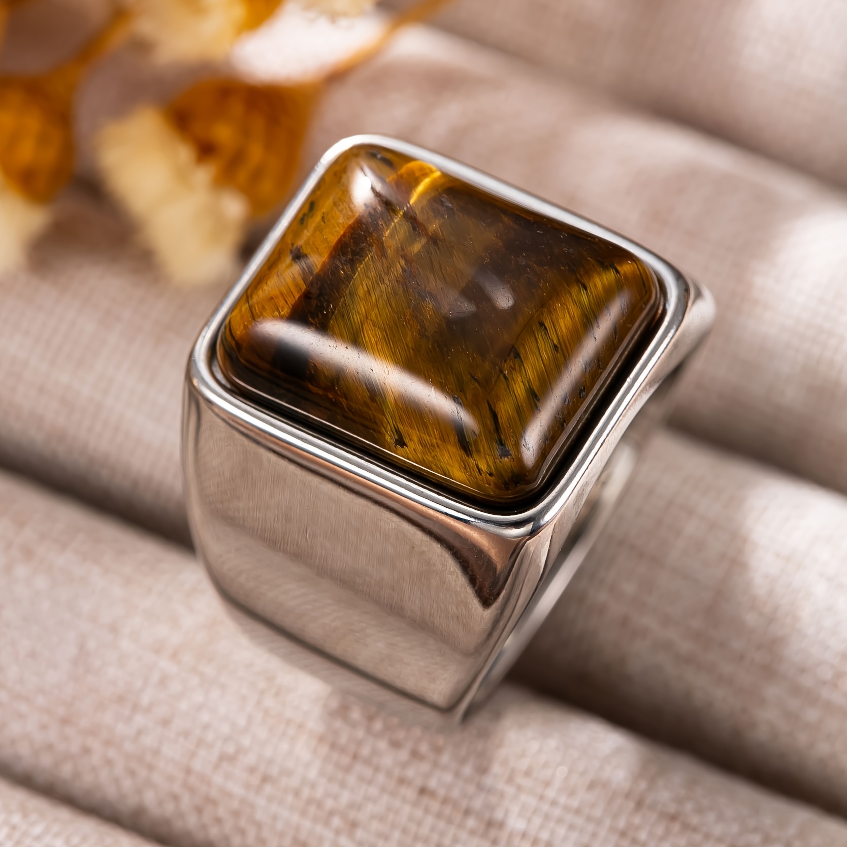 TEMU 1pc Fashion Stainless Steel Ring, Simple Silvery Geometric Inlaid Tiger Eye Stone Ring, Elegant Vintage Style Daily And Special Occasion Ring,