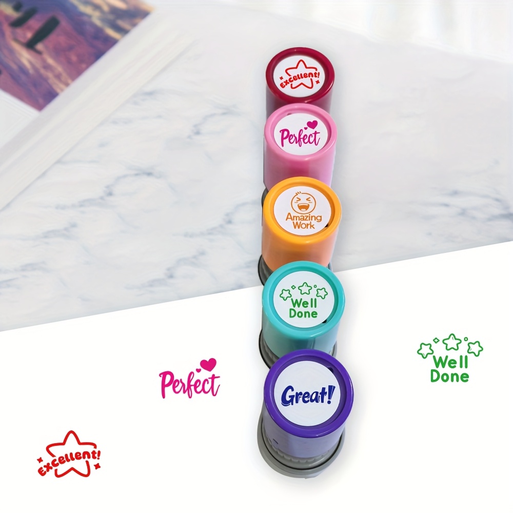 Five Colorful Round Encouragement Stamps for Teacher Feedback