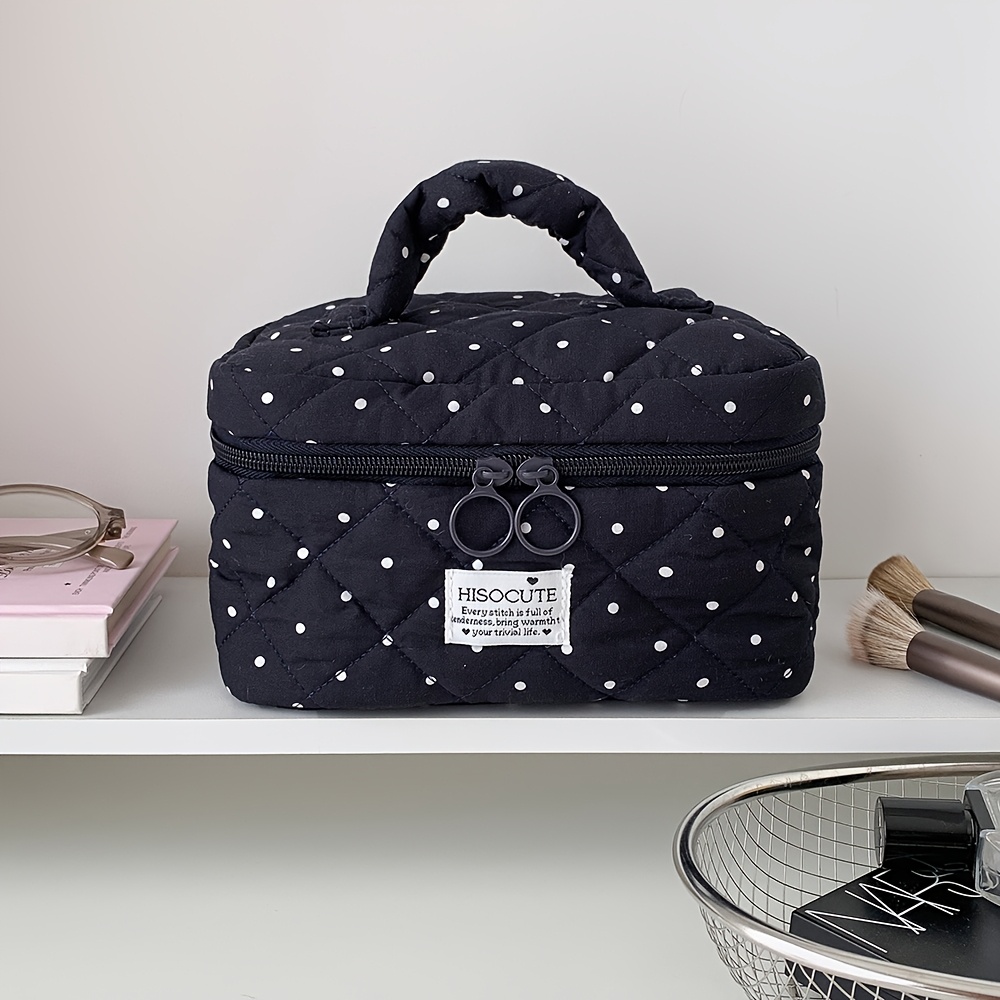 TEMU 1pc Cute Polka Dot Pattern Handbag, Large Capacity Cosmetic Organizer Bag, Top , Soft Storage Bag, Essential For Travel And Vacation, Ideal Gift