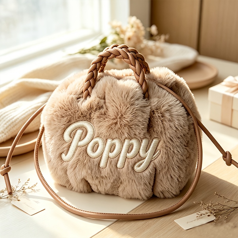 TEMU Autumn Winter Plush Handheld Small Bag, Customizable Name Embroidery, Gentle All-match Crossbody Bag, Women' Gift, Custom Name Plush Bag, Winter