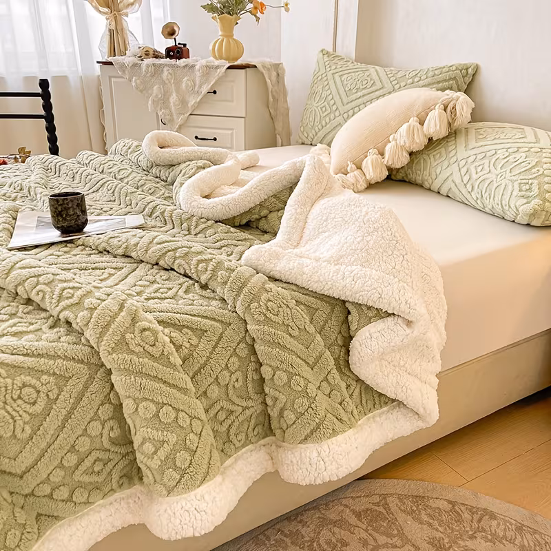 1pc luxury european cut jacquard lamb fleece thick double layer blanket warm non slip geometric pattern machine washable polyester for bedroom autumn decor accessory plush Product details 1