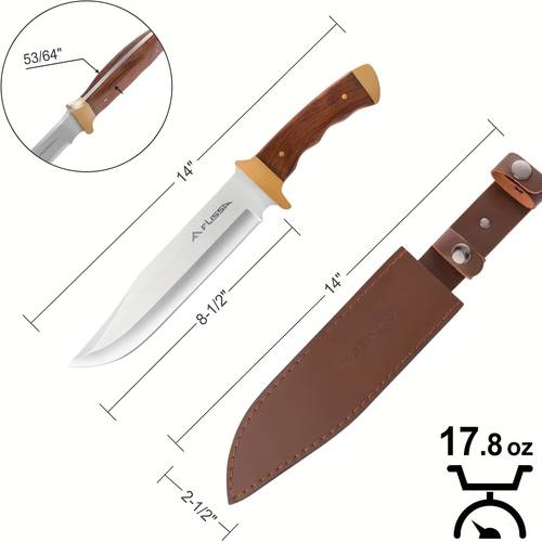 hunting knife full tang 14 inch fixed blade knife with wood handle camping knife with leather sheath for outdoor survival camping and hiking