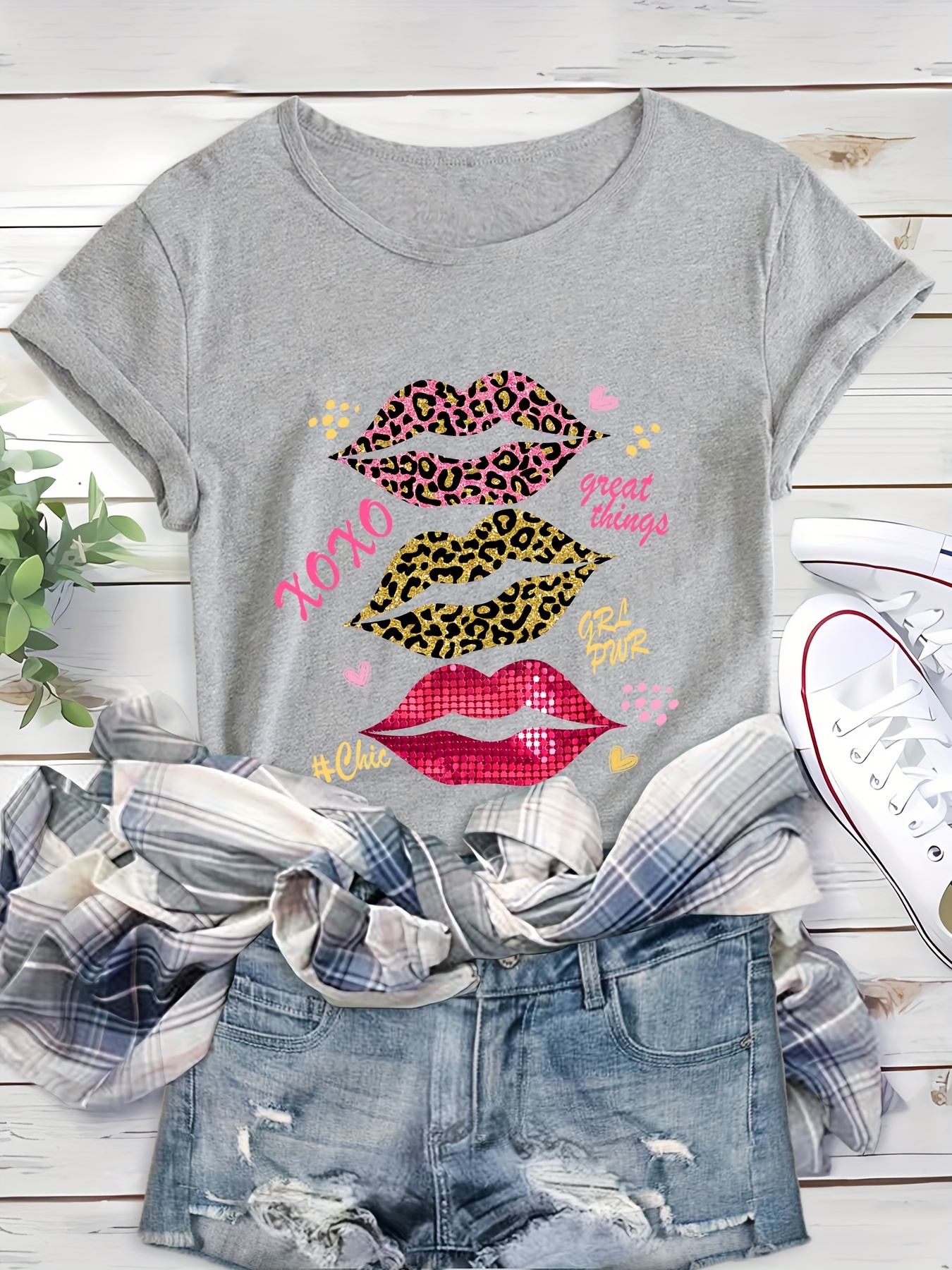 print lips loose casual summer t shirt Temu Oman