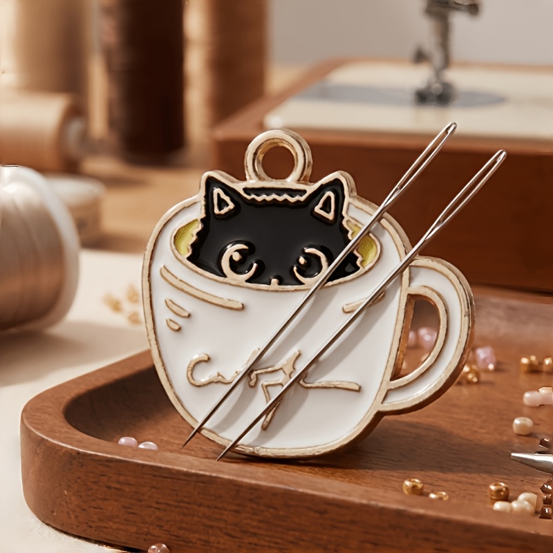 TEMU 2pcs Cute Teacup Cat Needle Holders - Magnetic Sewing Embroidery Needle , Suitable For Sewing, Embroidery, Cross- And Bead Crafts, Handmade