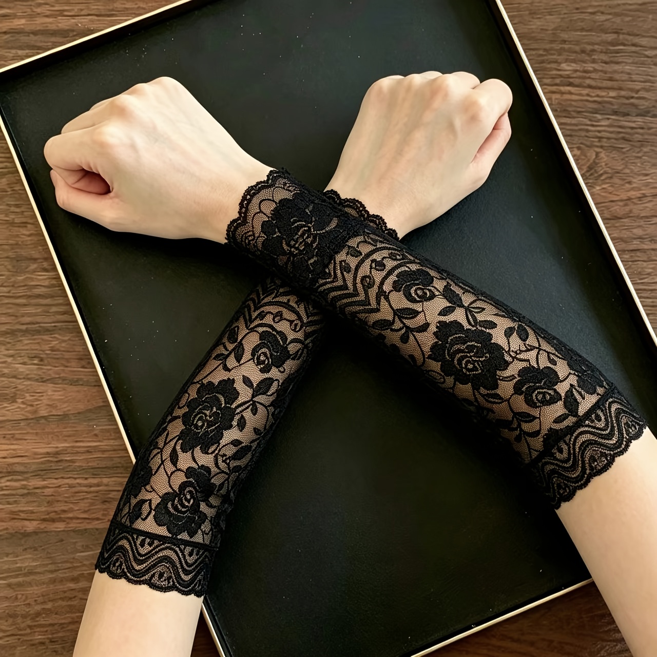 TEMU 1 Par de Vintage de Encaje de Rosas para Mujer, Cubiertas de Brazo sin Dedos Largas Elásticas y Transpirables, Decoración Chic para y Uso Diario