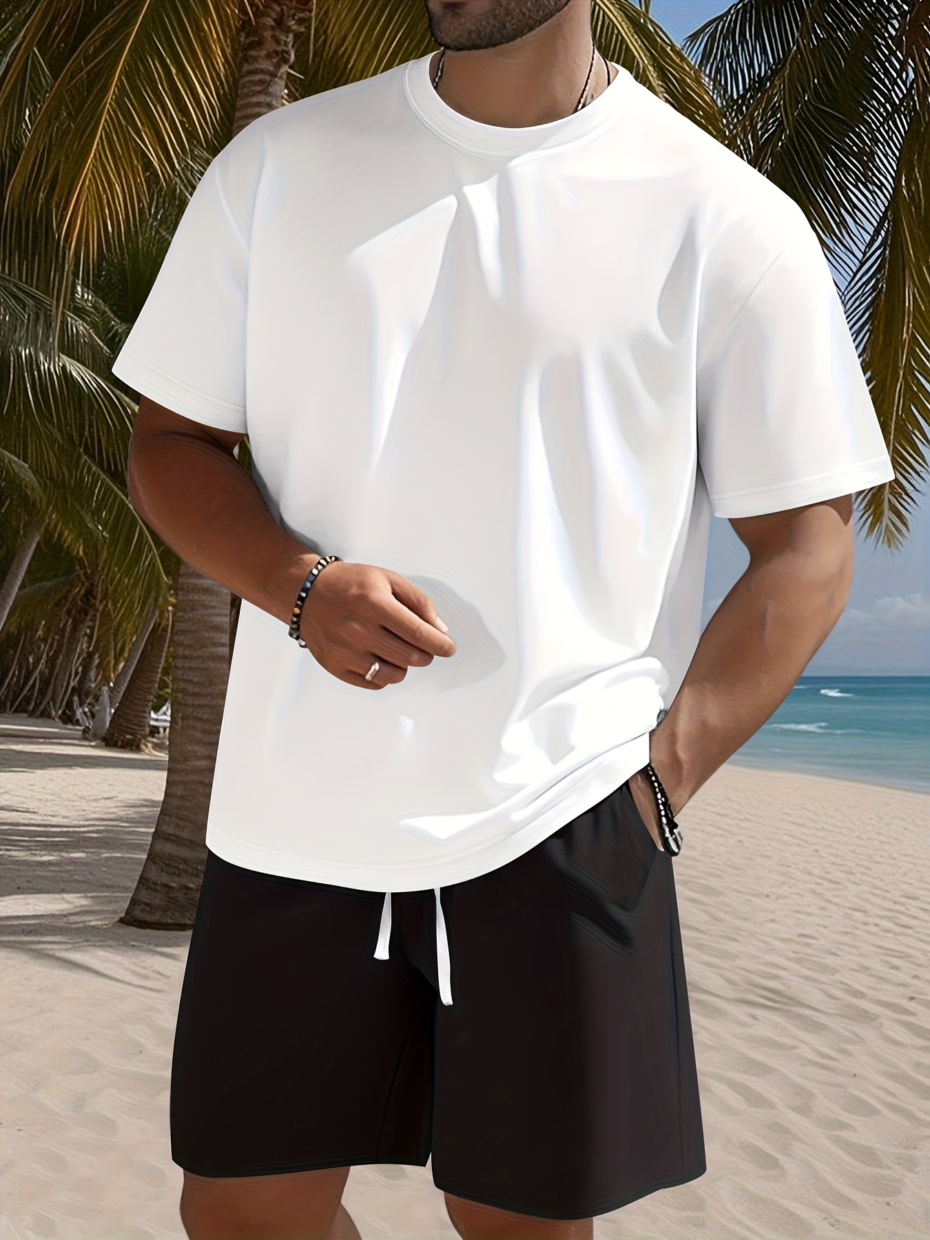 Men's Set, Solid Color Crew Neck Knit T-Shirt with Drawstring Cotton Shorts, Slightly Stretchy Fabric, Comfortable and Breathable, Perfect for Spring/Summer Outdoor Leisure and Sports, Keeps You Light and Carefree
