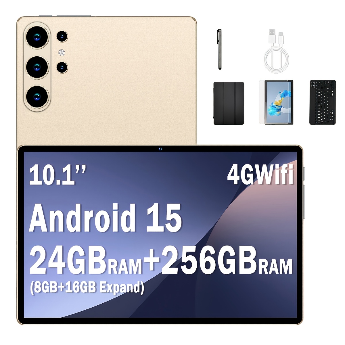 Eu Tablet, 10.1-inch 15 System, 24gb Large Memory + 256gb Storage, 4g Lte Calls And Sms, 6000mah Battery, Keyboard, Protective Case, Stylus, Suitable For Online Learning