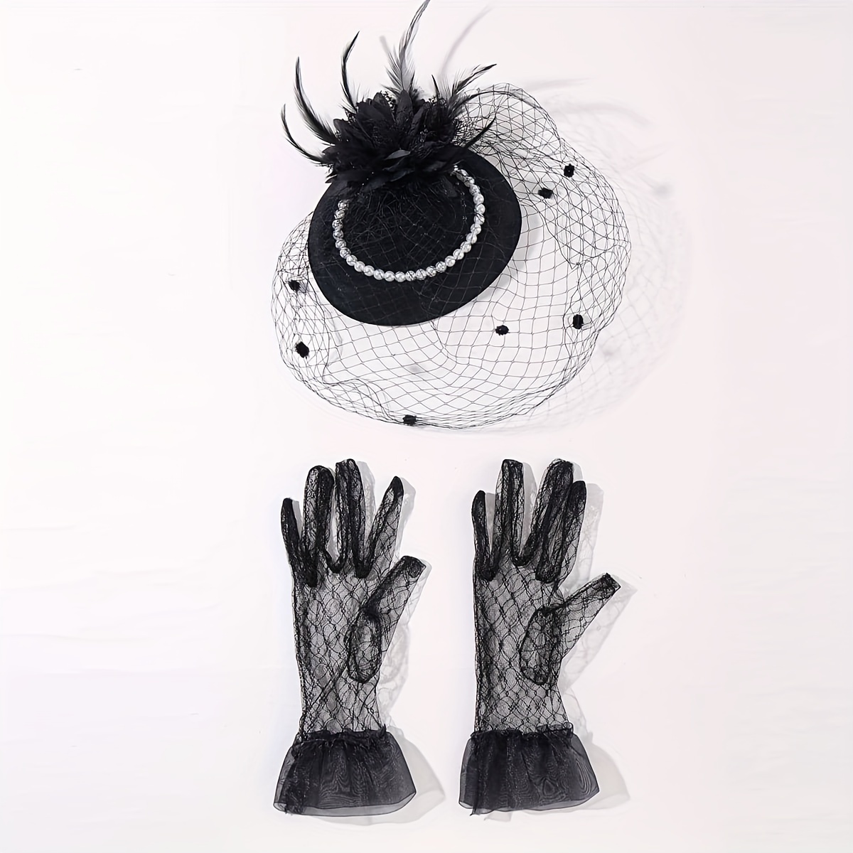1 Set Fascinators Hat Clip Hat Wedding Tea Party Headwear And Short Lace Gloves For Women