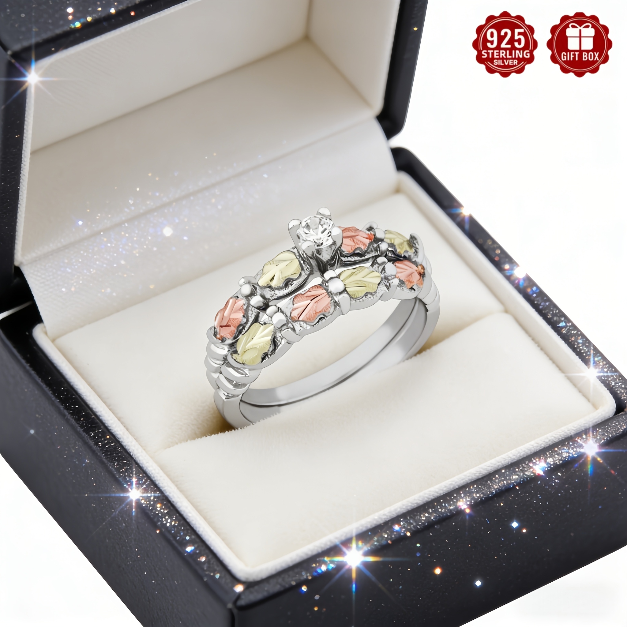 TEMU Elegant S925 Sterling Silvery Ring Set With Leaf Design And 5a Grade Synthetic Cubic 5a Zirconia Inlay, Suitable For Daily Wear, Banquets, Engasynthetic Gemstoneents, Valentine's Day Gifts