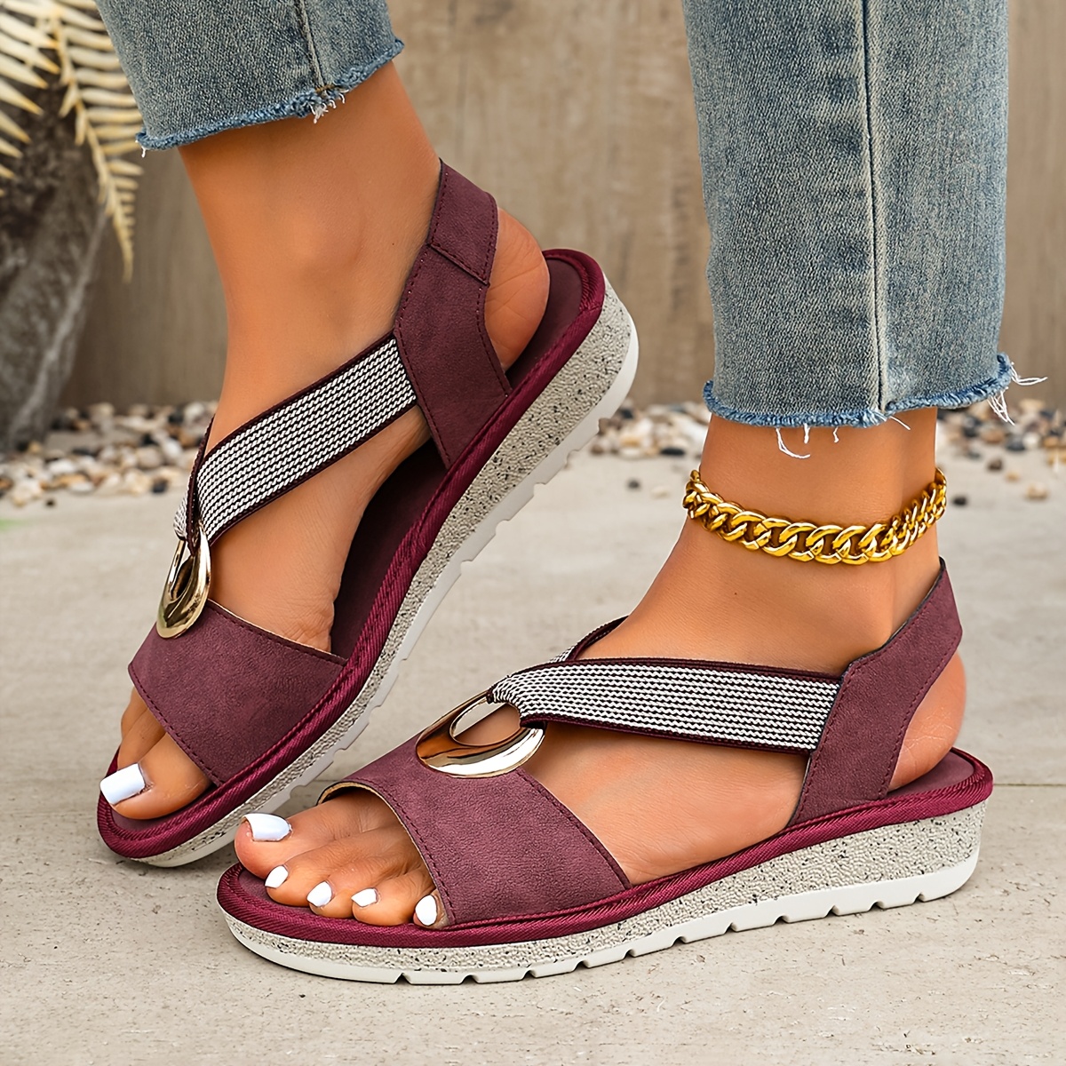 sandales plates pour femmes l g res et polyvalentes avec d tails de boucle m tallique et design bride unique chaussures d t   rapantes semelle paisse et bout ouvert pour la plage chaussures pour femmes cn36 eu35 5 fuchsia 15