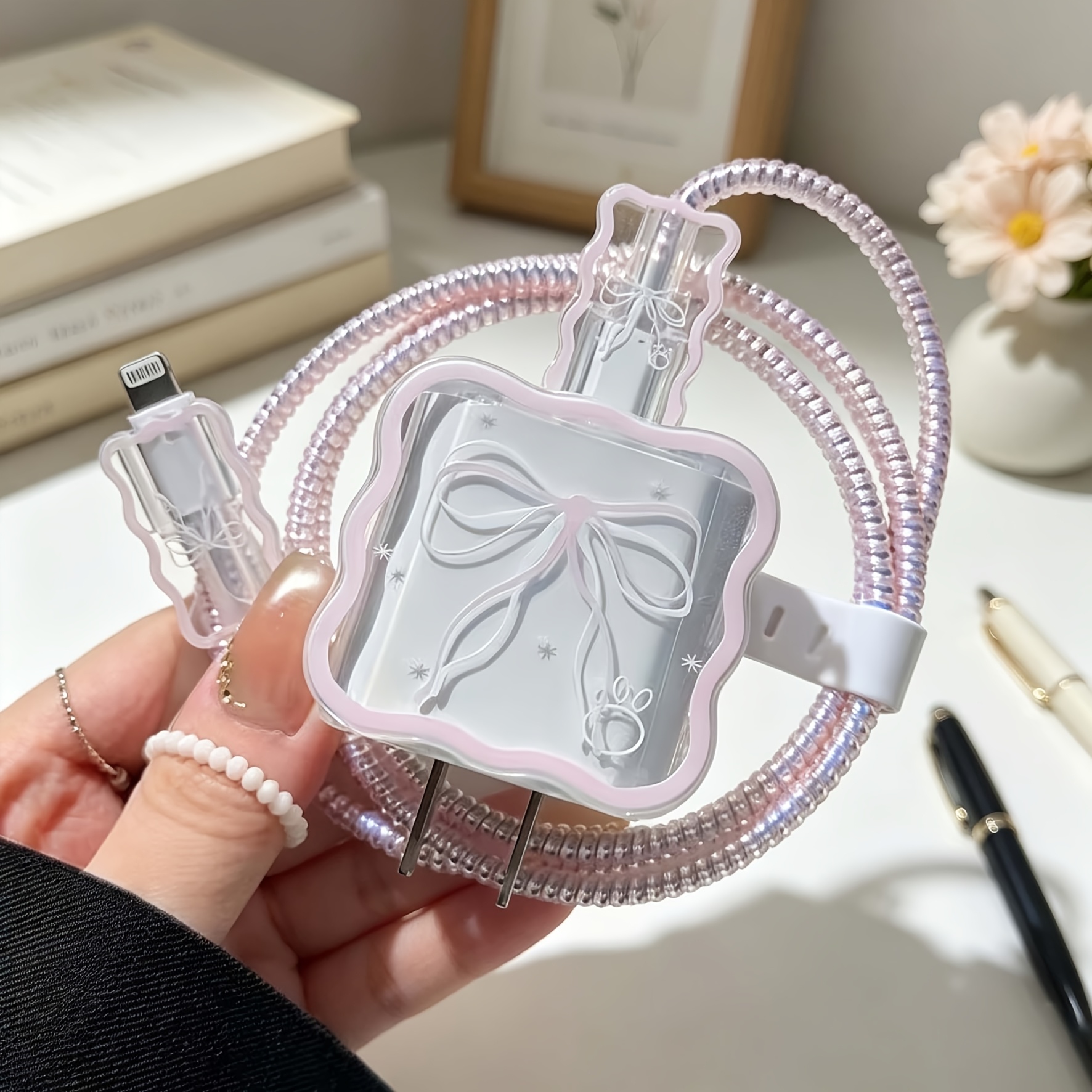 TEMU Kit de protección de 1 juego para cargador y cable estilo rosa y , funda protectora duradera para cable de carga Apple de 18-20W, organizador de