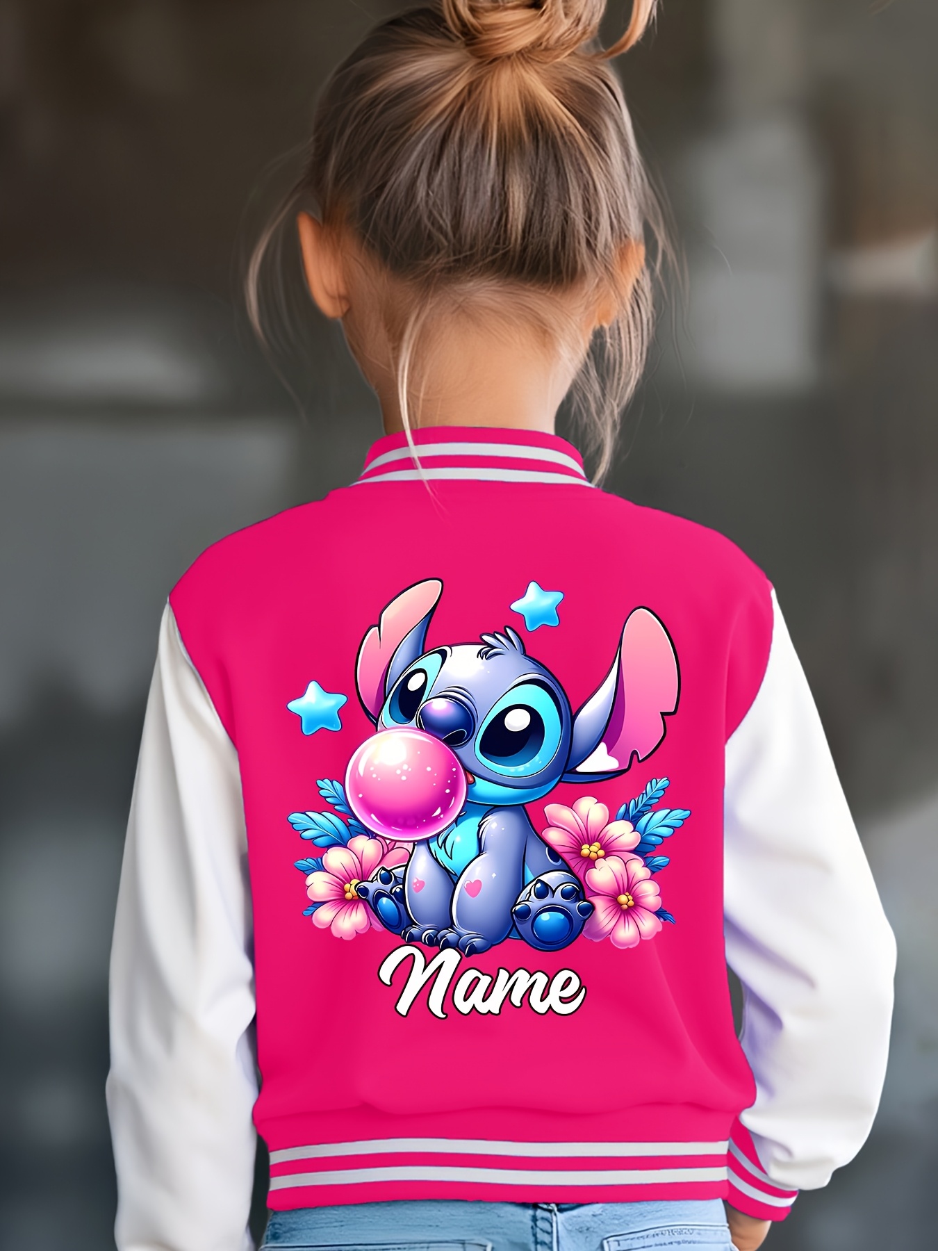 Customizable Stitch Girls' Baseball Jacket - Personalized Text, Autumn/Winter Casual Wear with Cute Stitch Print, Perfect for Halloween & Birthday Gifts, Kids Fashion Sportswear, Stitch Gifts, Festive Kids Clothing, Playful Kids Design, Durable Kids Clothing