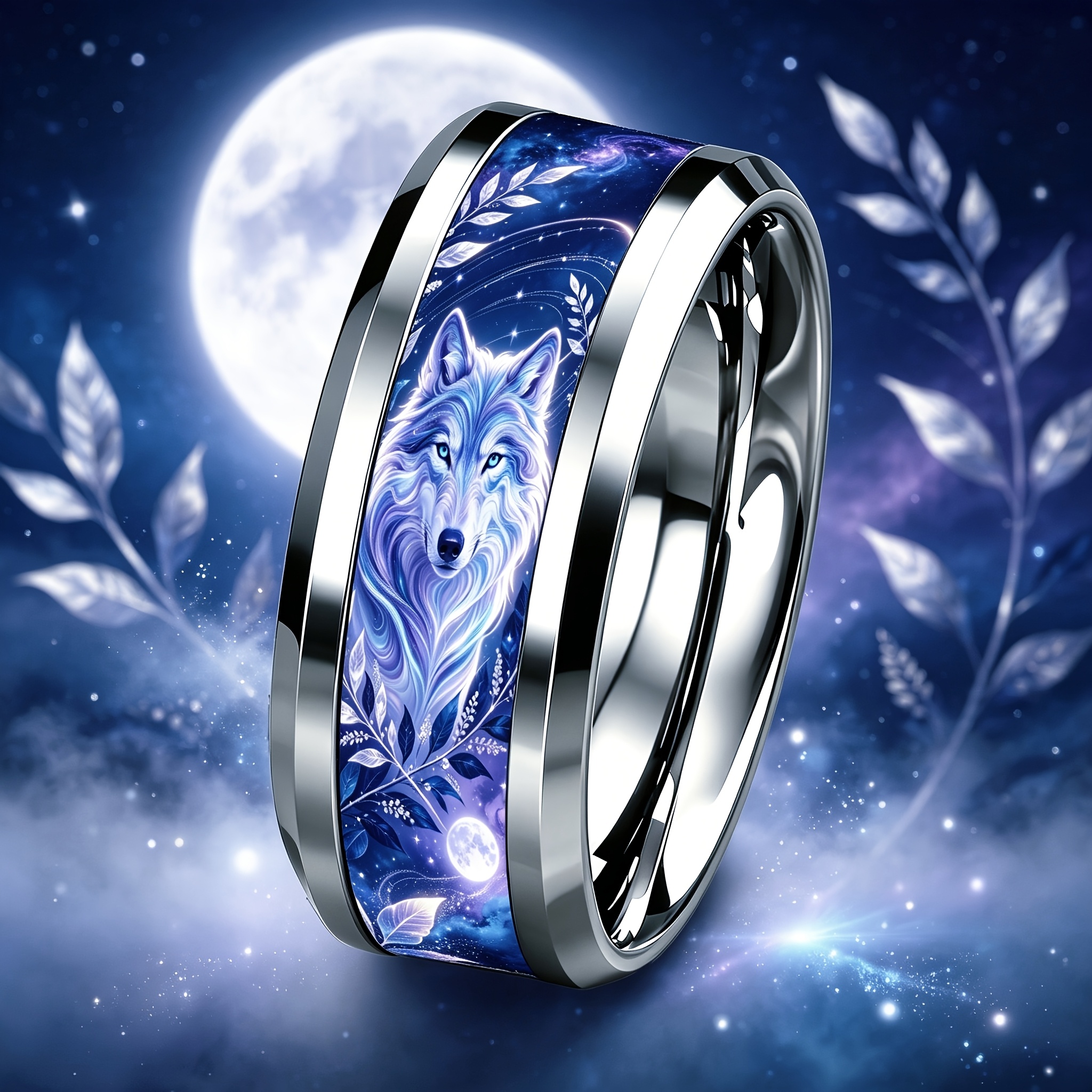 TEMU Starry Sky Spirit Wolf Couple's Rings - Exquisite And Stylish , 8mm 304l Stainless Steel Rings, Unique Jewelry For Men And Women, Couple's