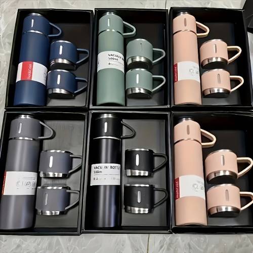 4pcs stainless steel water bottle cups gift set large with 3 small cups 1 water bottle triple lids for hot cold drinks portable for office camping travel 304