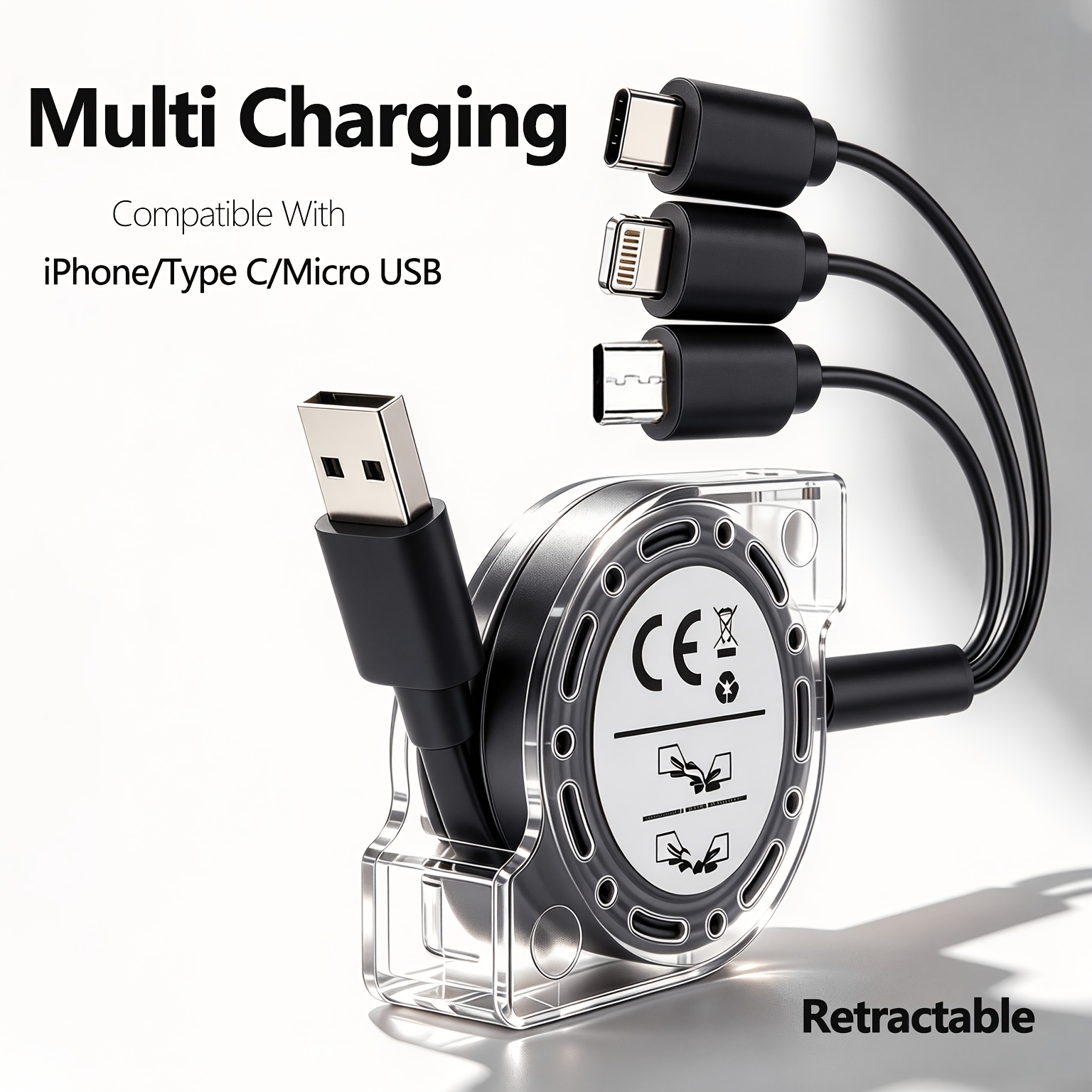 Retractable 3-in-1 Fast Charging Cable - Multi-Tip USB Cord for Phones and Tablets