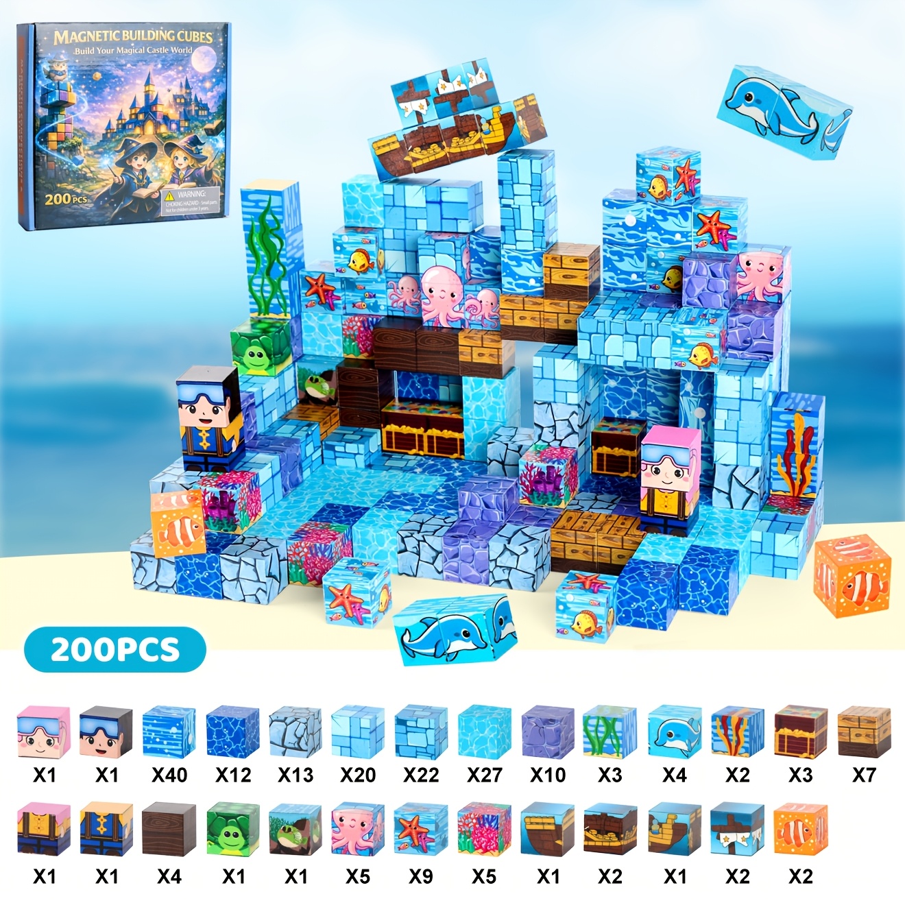 TEMU 200 pièces de Construction Magnétiques Océan, Jeu de Cubes Magnétiques STEM à Empiler, Construction à Fin Ouverte pour la Créativité et le Jeu ,