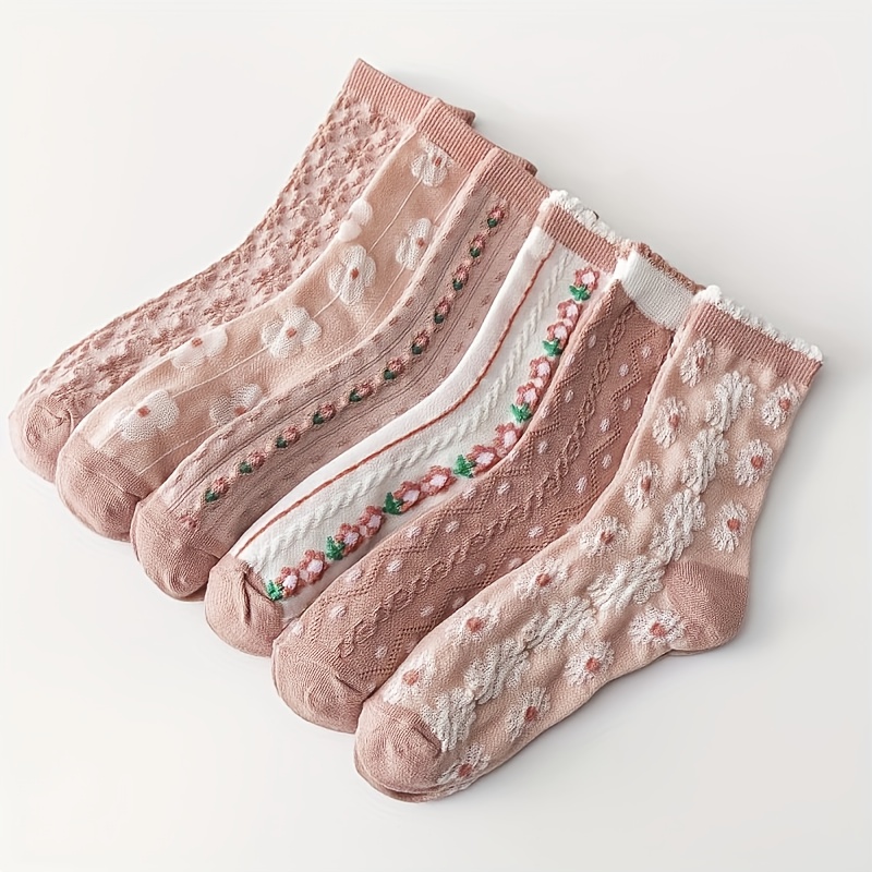 

6-pack Women's Pink Floral Embroidered Mid-calf Socks, Comfortable Polyester , Machine Washable & Dry , Knit Fabric, Ladies Fashion Accessories