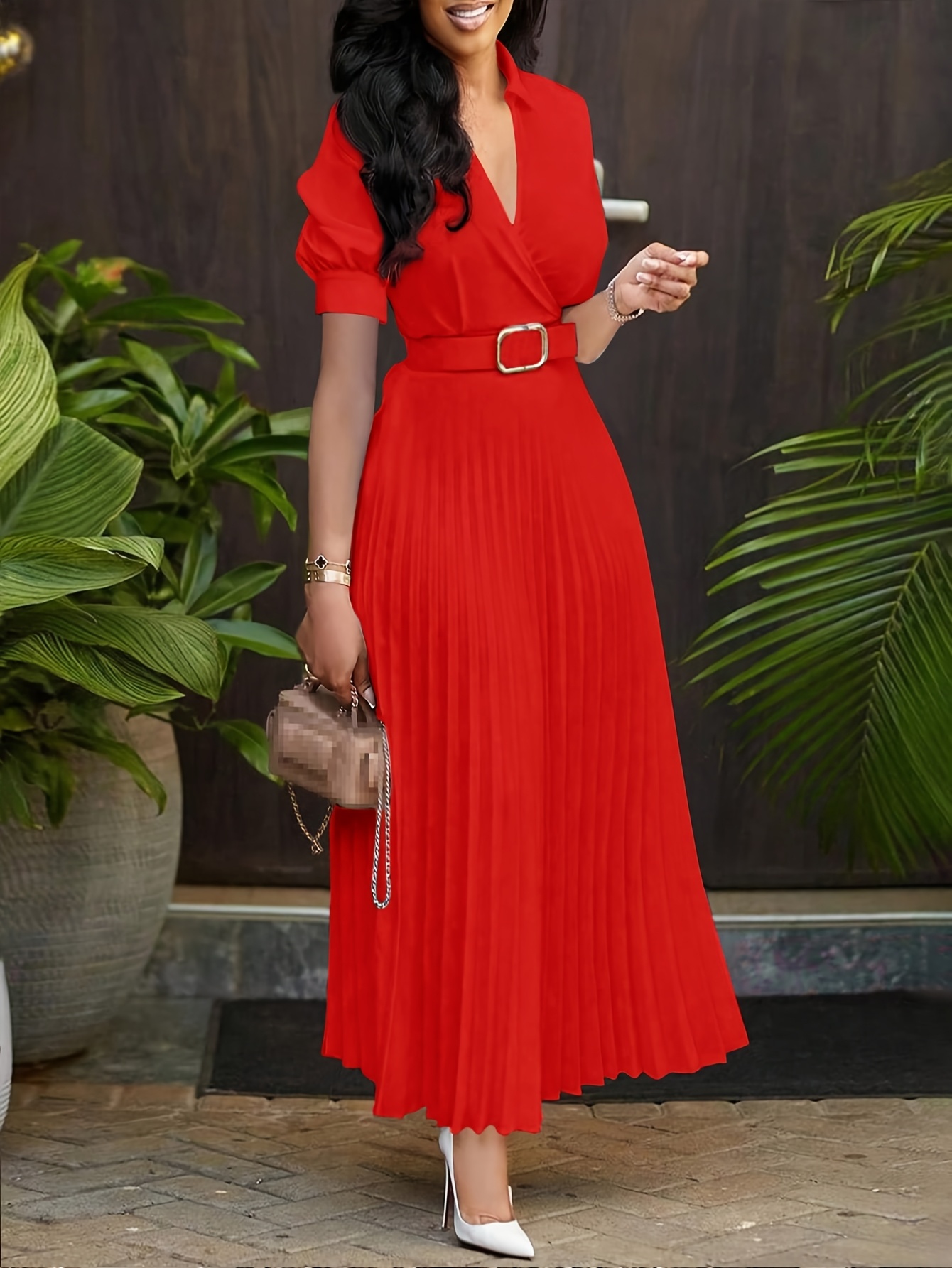 elegant red pleated midi dress short sleeves belted waist Temu