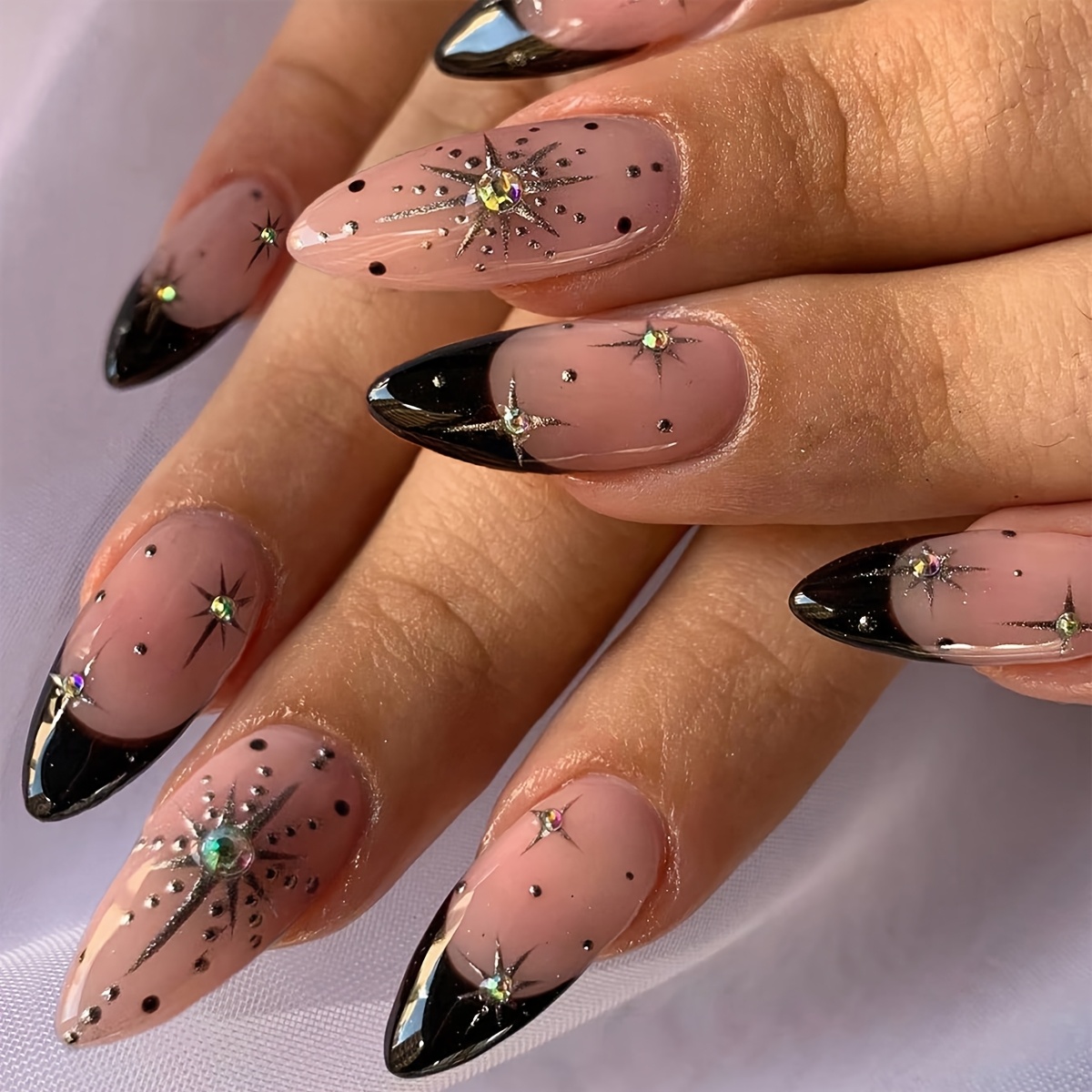 TEMU 24pcs French Style Starry Rhinestone Press- Nails Suitable For Women & - Transparent Naked Base With Sparkling Water Drop Shape, Pre-made
