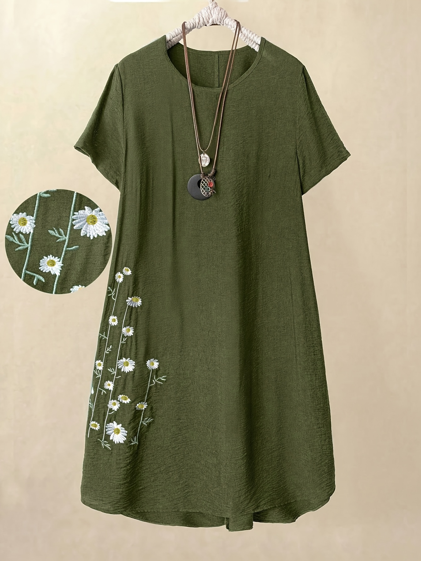 spring summer   embroidered loose fit round neck beautiful dress womens
