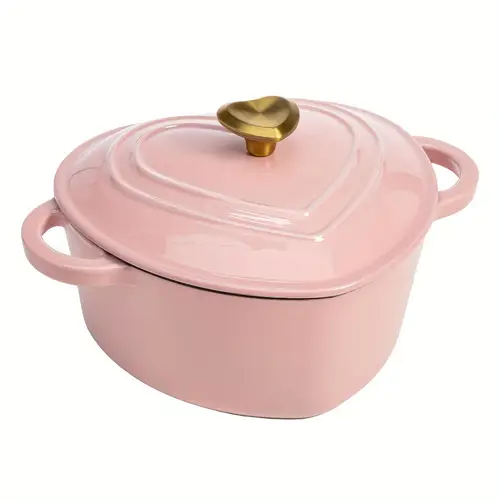 enameled cast iron dutch oven heart shaped pot with lid dual handles works on all stovetops oven safe to 500 f 2 quart pink