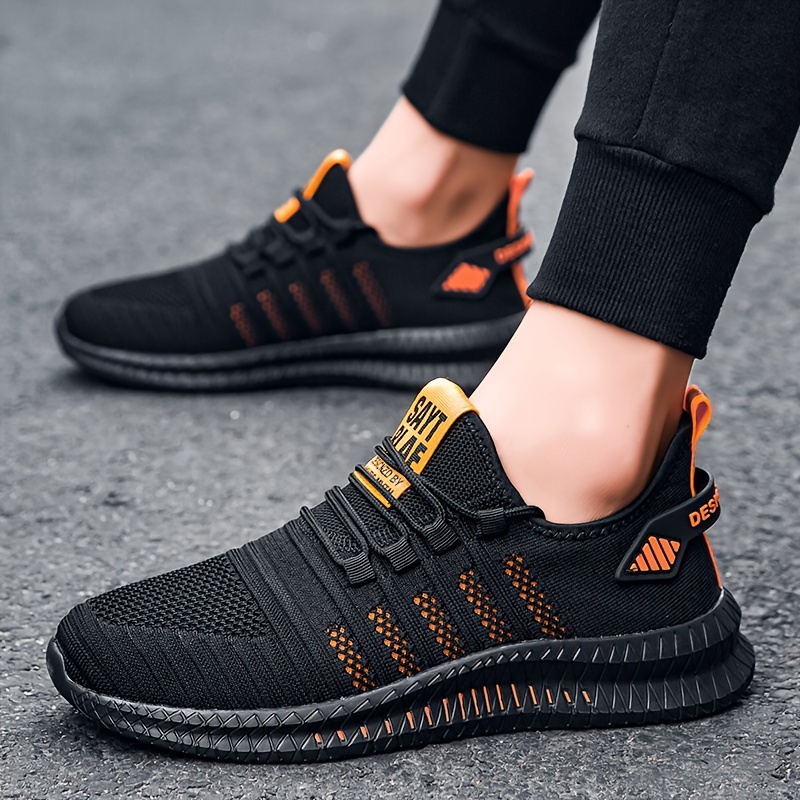 

Men's Breathable Sneakers - Shock-absorbing Fashion Sneakers With Knit Upper, Outdoor & Running Footwear, Black With Vibrant Accents