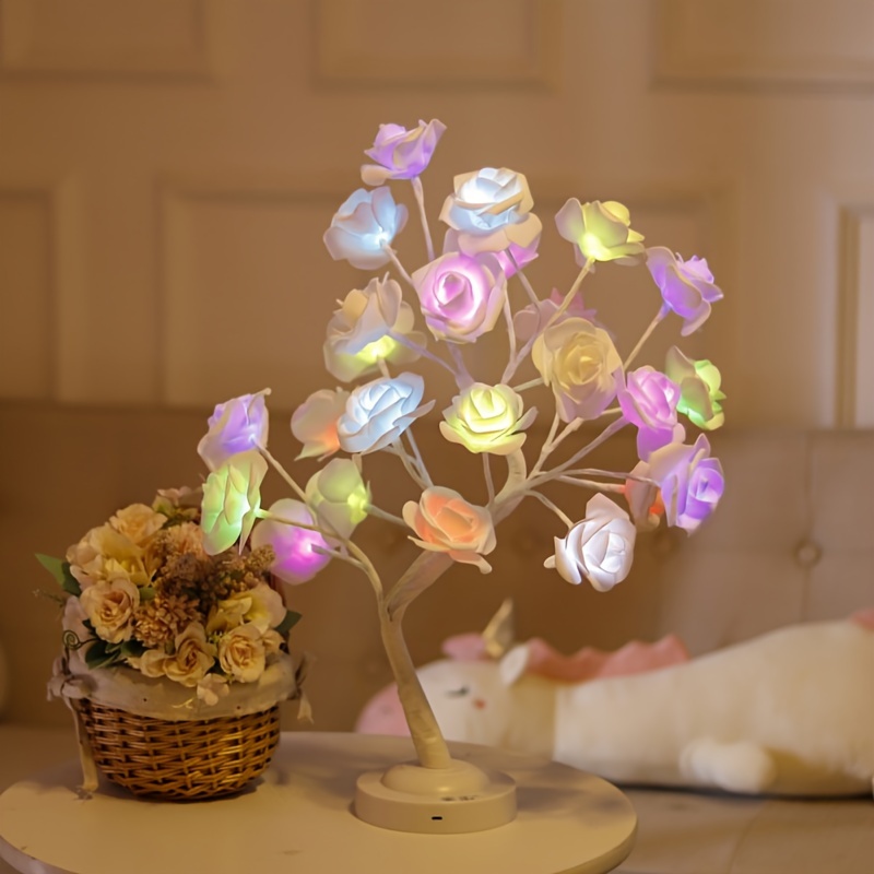 

1pc White Led Copper Wire Tree Light, Rgb Rose 16 Color Remote Control Tree Light Valentine's Day Gift 7 Colors, Suitable For Home Room Decoration (with 3a Battery, Including Button Battery)