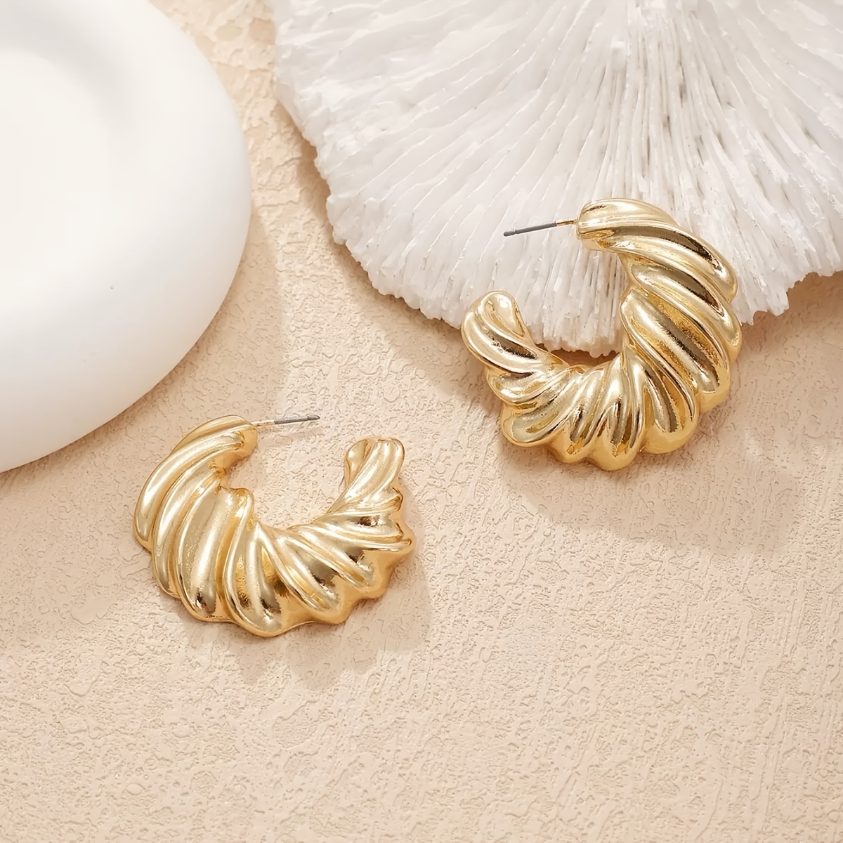 Women's Golden C-Shaped Hoop Earrings, Minimalist Style