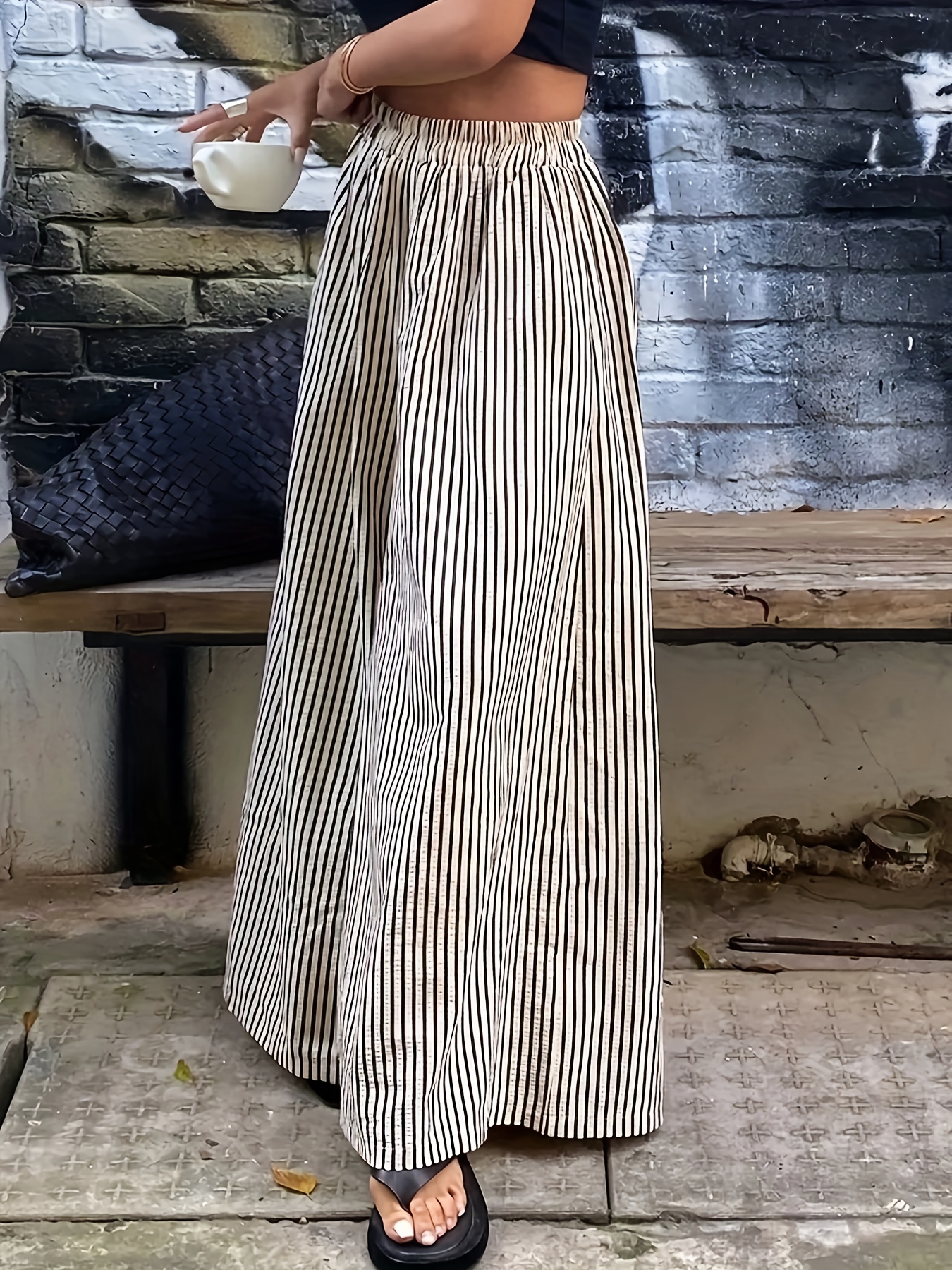 Street Style Outfit With Black And White Striped Pants White Side