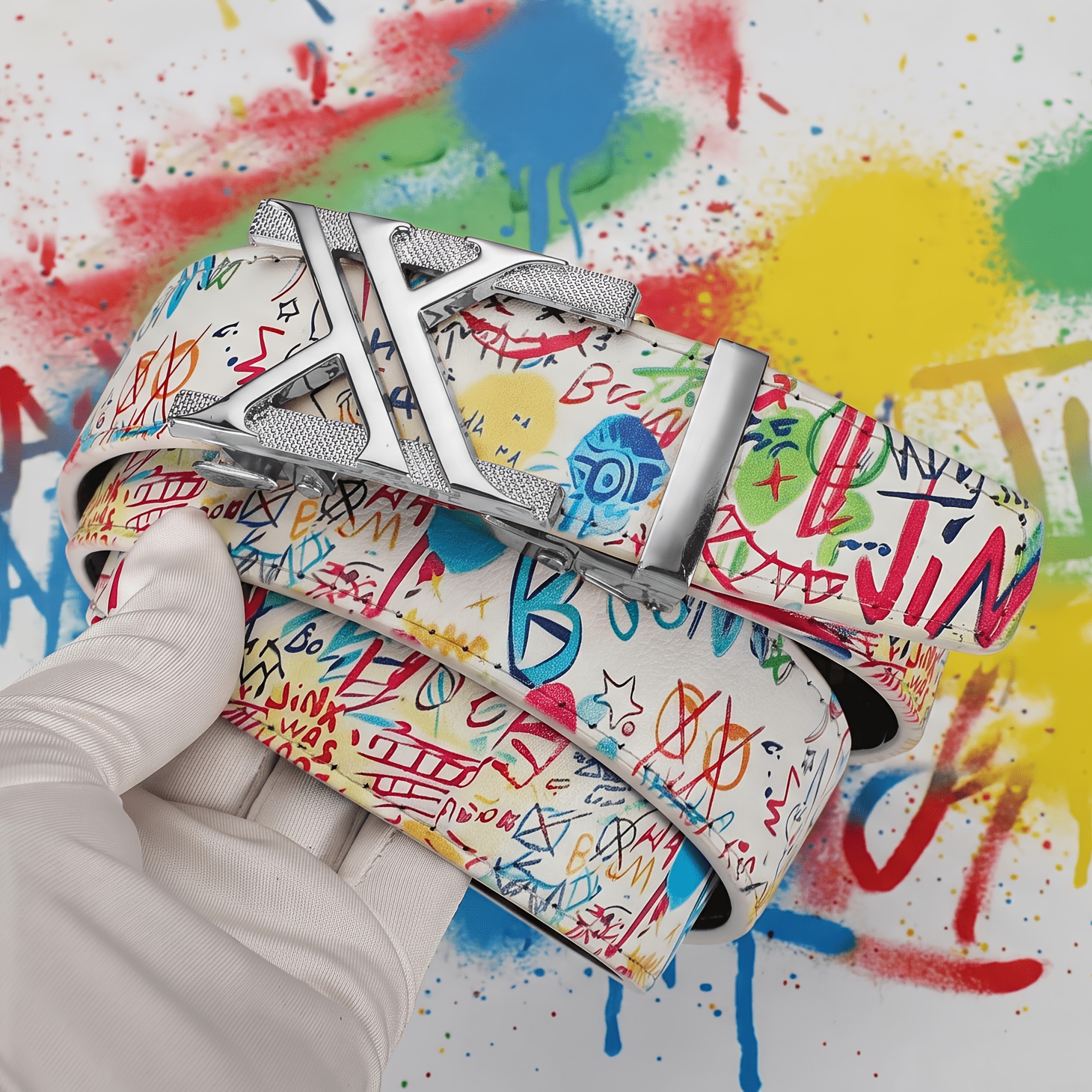 TEMU Graffiti Belt, Trendy & Durable. Fits Jeans. Auto Alloy , Sturdy & Skin-friendly. Fine Stitching, Daily/outing Ready. Unisex, Great Gift