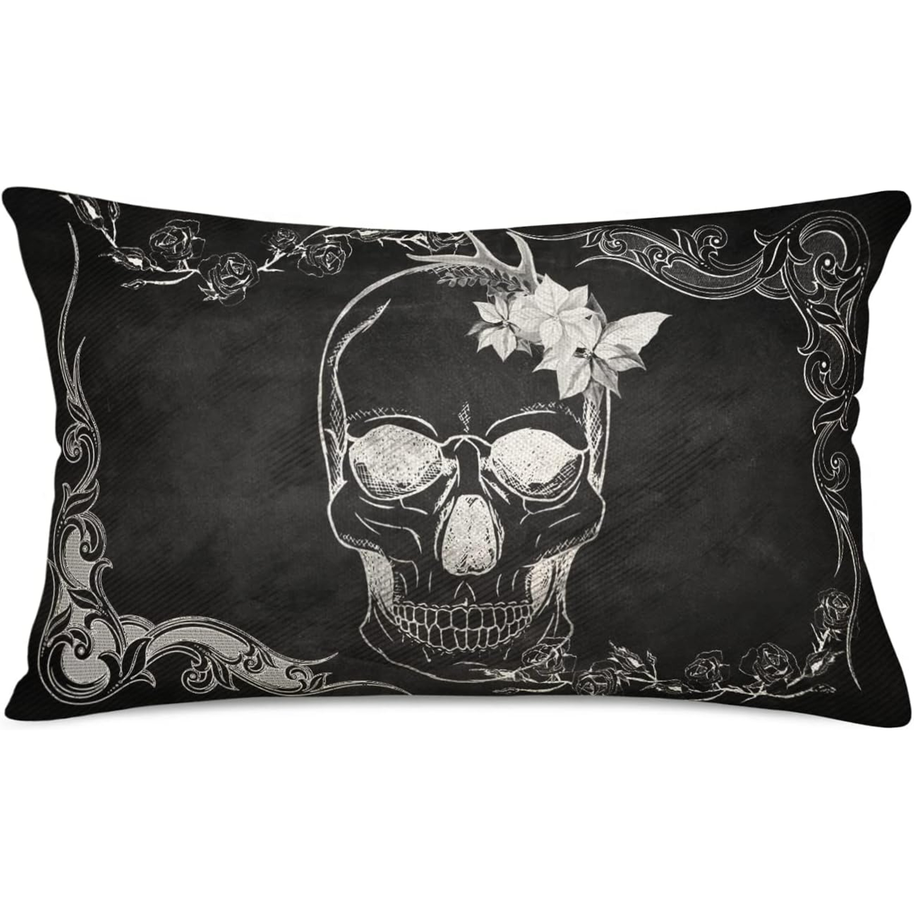 

1pc, 12x20 Inch Pillow Cover, Sugar & Skeleton Gothic Design, Cotton Linen Throw Waist Cushion Case, Contemporary Style, Machine Washable, Zipper Closure, Polyester, For Home Sofa Couch Decor