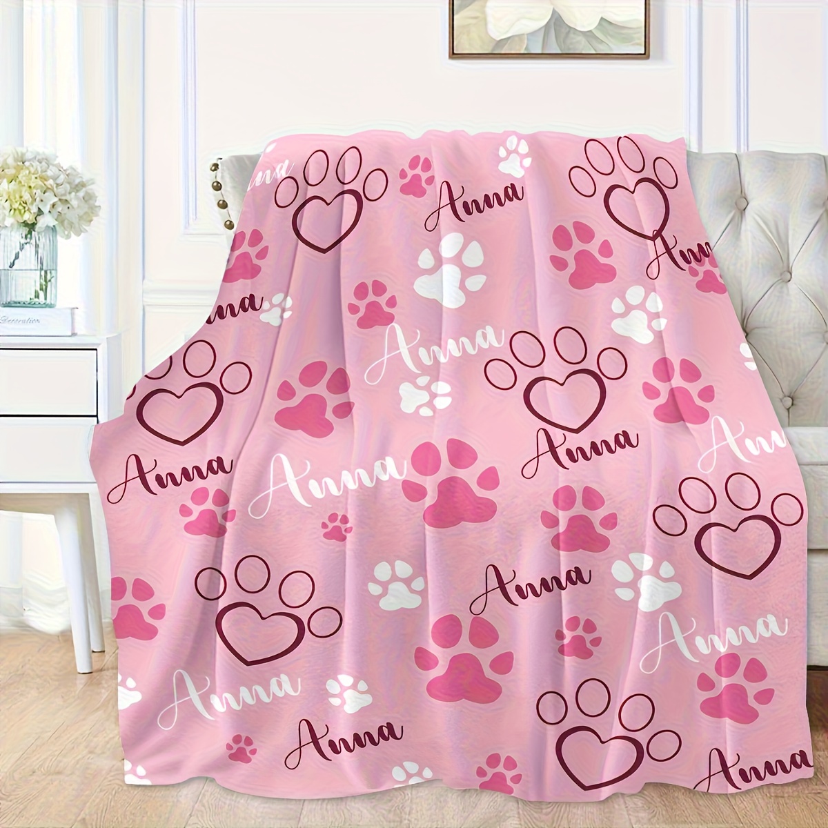 TEMU Personalized Paw Print Dog Blanket With Pet's Name, Custom Blanket For Small Dogs, Flannel Cute Puppy Blanket, Dog Memorial Gifts For Loss Of