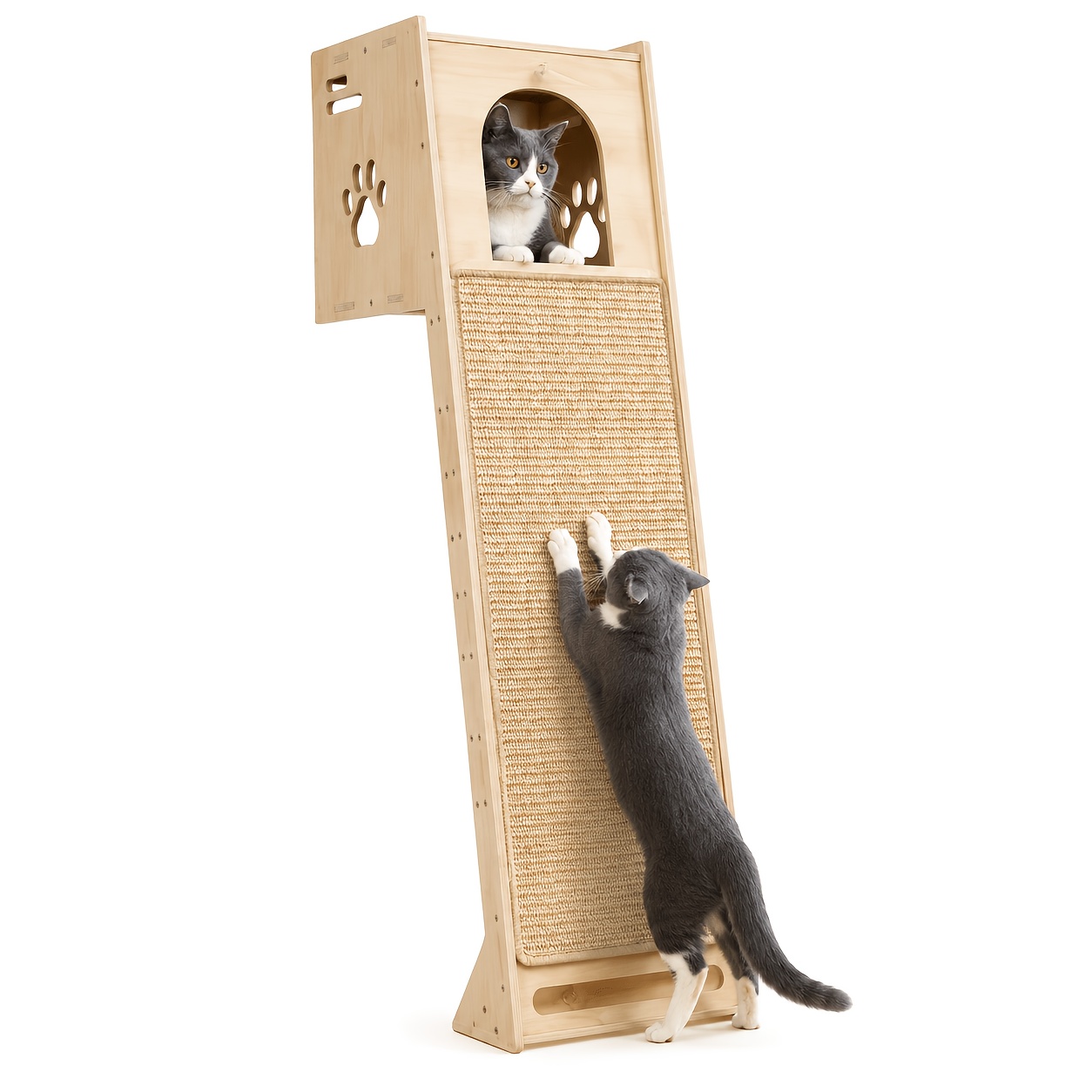 Image of Large Cat Tree Scratching Post 150cm, Natural Sisal Cat Scratcher With Condo, Perch & Toys, Sturdy Wood Climbing Tower Protects Sofa & Wall (beige/natural Wood)