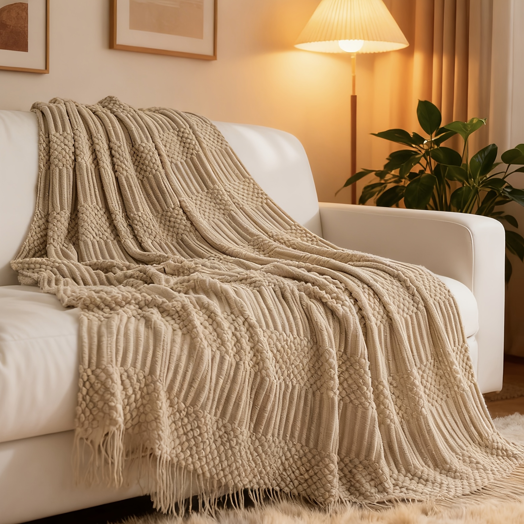 TEMU [soft And Breathable] (130 X 152cm) Waffle Weave Throw Blanket With Tassels - Lightweight Summer Blanket For Couch, Bed, Living Room - Boho Home