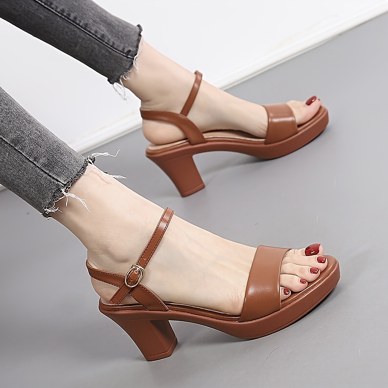 womens brown chunky heeled sandals for summer featuring a   and versatile design with a single strap and round toe in a european and   women shoes details 2