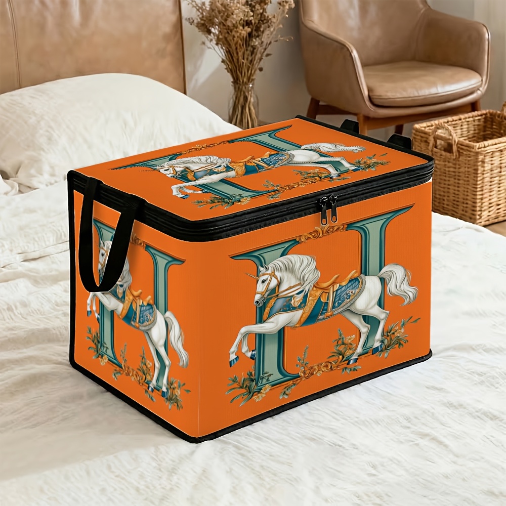 TEMU 1 Boîte de rangement couverte, spacieuse, motif floral de cheval oriental vintage en orange, parfaite pour le rangement décoratif et
