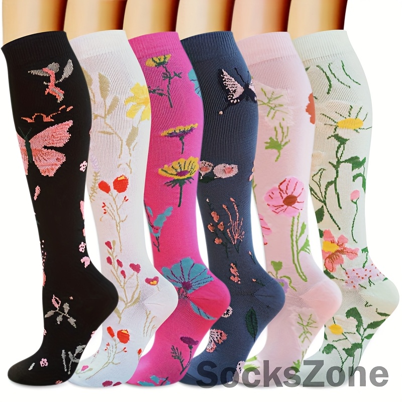 TEMU 6 Pairs Floral Knee-high Compression Socks - Breathable Fabric, 80% Polyester, 20% Spandex, Support Socks For Women And Men, Hand Wash, Socks