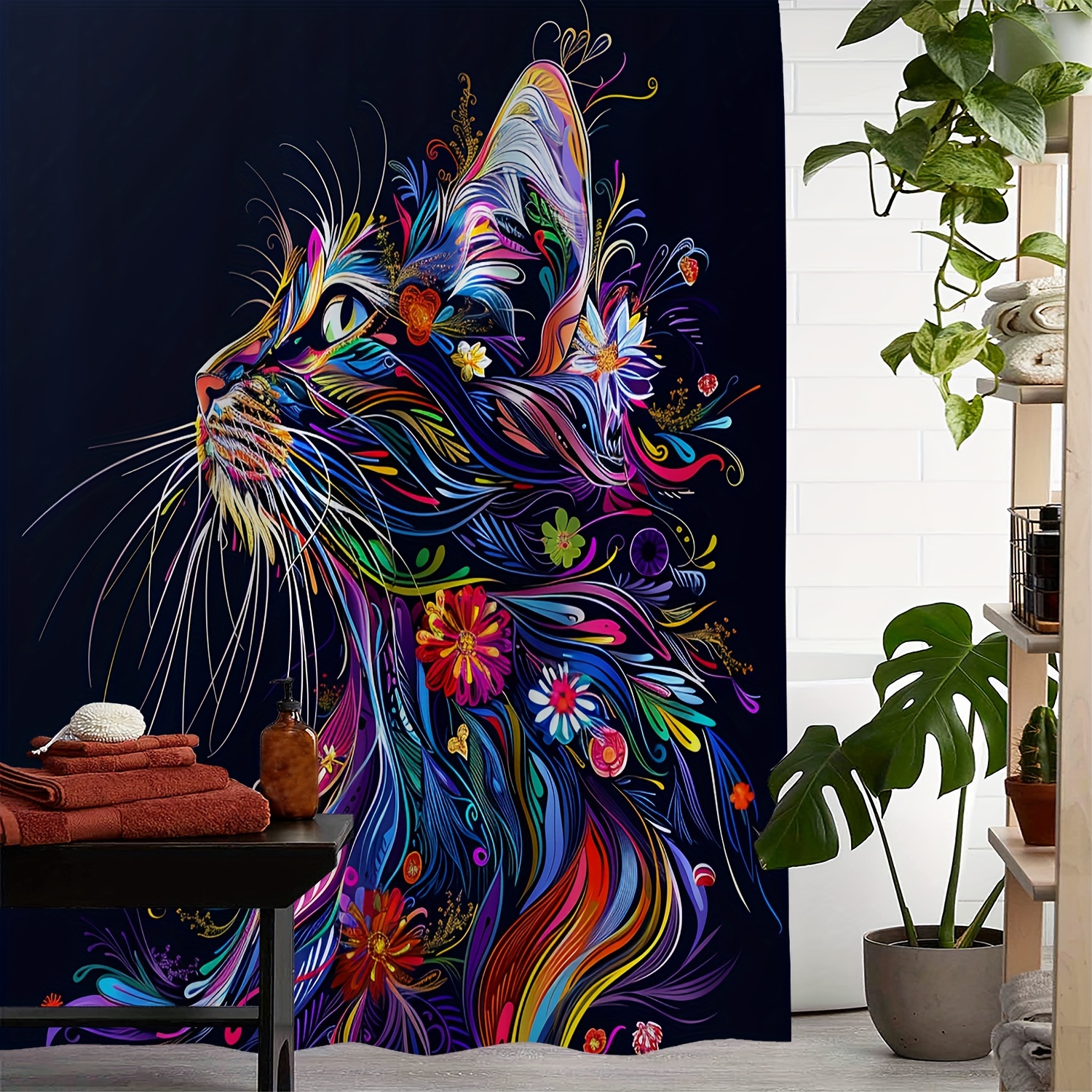

1pc Colorful Vintage Cat Floral Pattern Shower Curtain, Waterproof Shower Curtain With Hooks, Bathroom Partition, Bathroom Accessories, Home Decoration