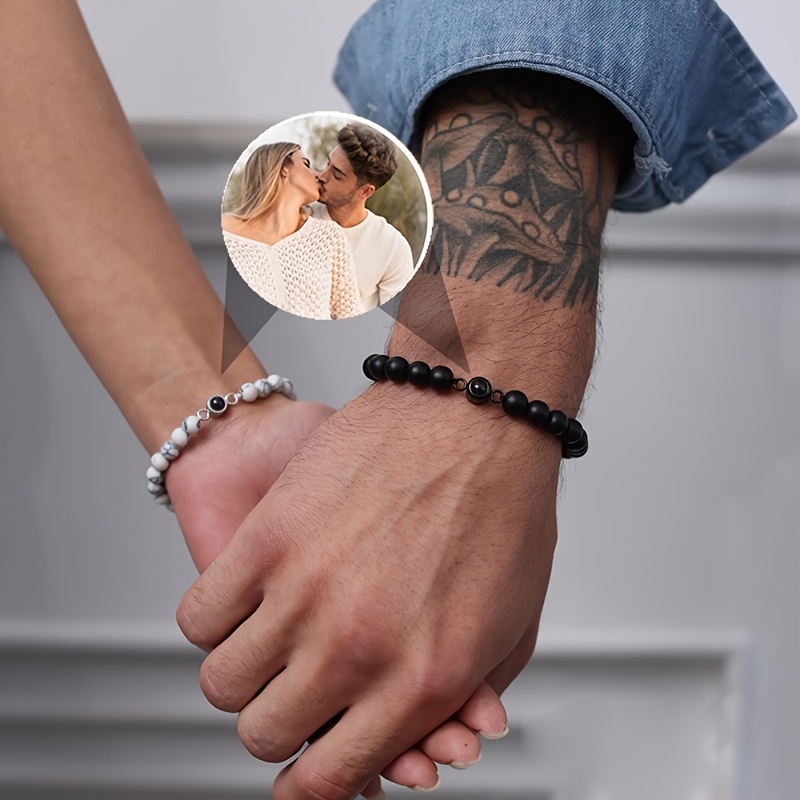 2pcs Custom Photo Bracelets, Personalized Bead Couple Jewelry