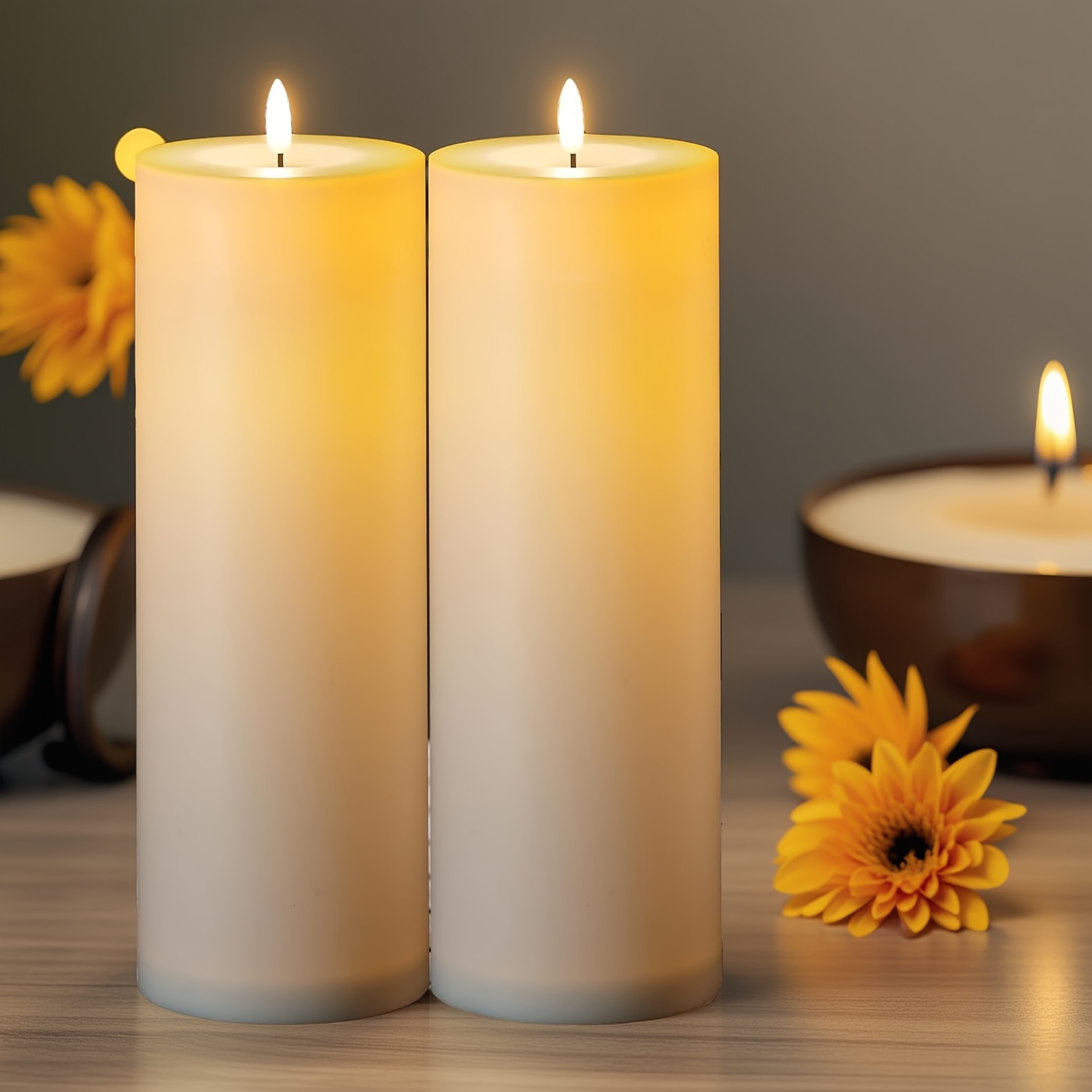 set of 2 large battery operated led pillar candles measuring 4 x 12 featuring a remote control and timer   indoor lanterns long lasting in white