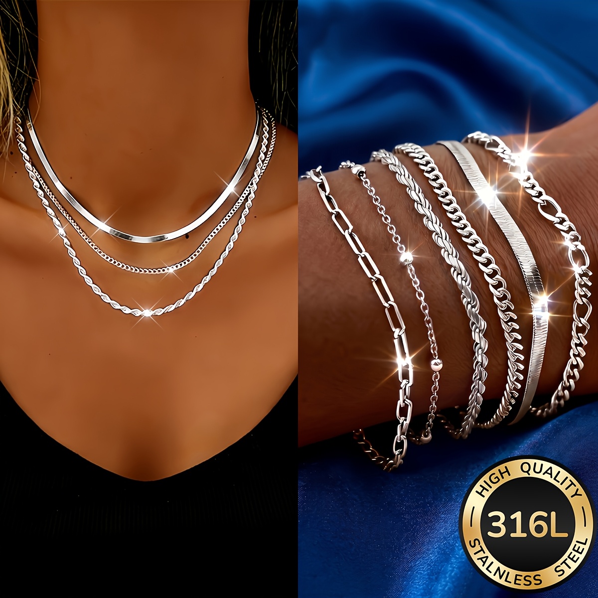 TEMU 9pcs Women's 316l Stainless Steel Bracelet And Necklace Set. Waterproof And Fade-resistant Jewelry For Women, Fashionable And Elegant Additions