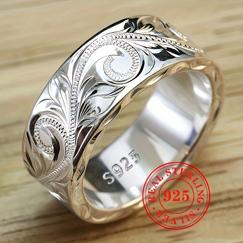 

925 Sterling Silver Engraved Floral Halo Bohemian Wide Ring Retro Jewelry