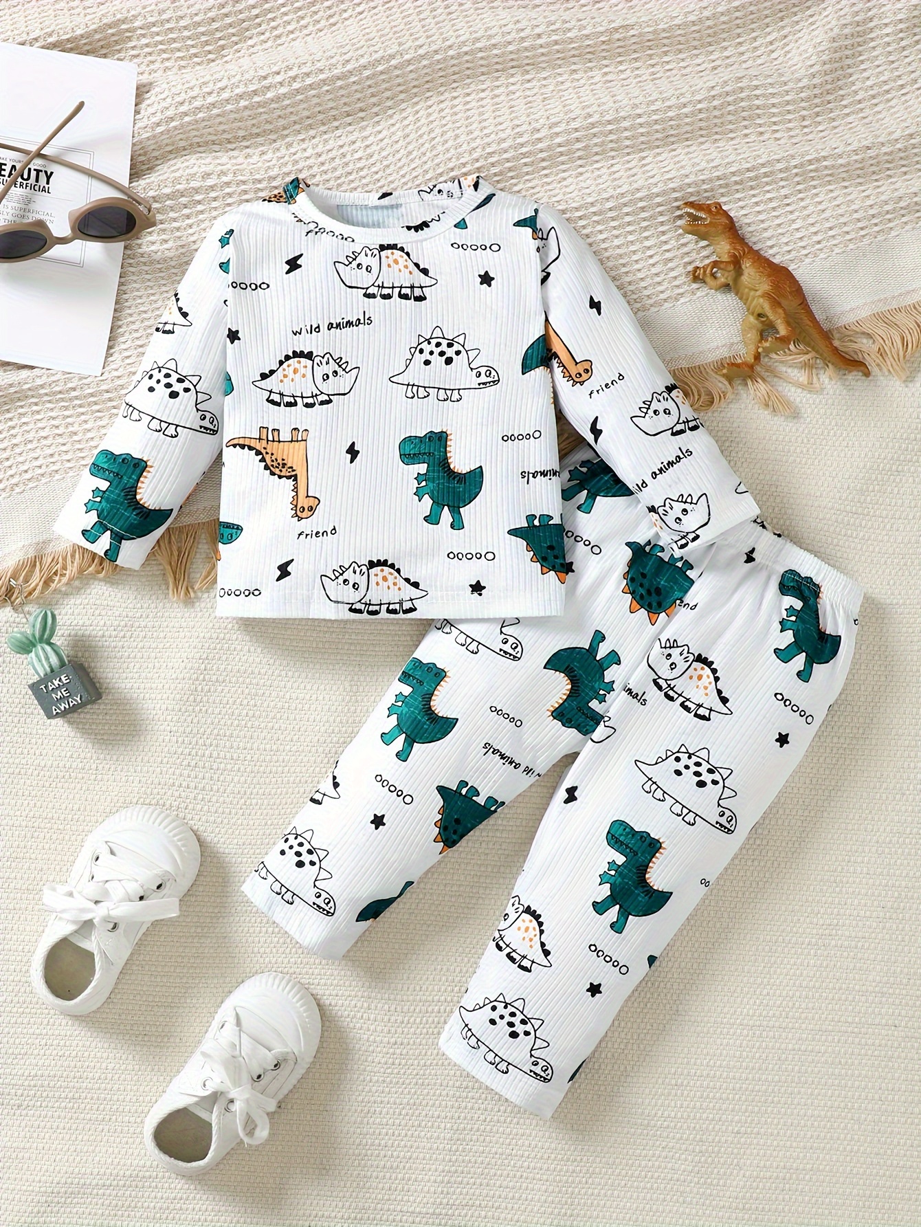 Cartoon Dinosaur Print Pajama Set Long Sleeve Crew Neck Top - Temu