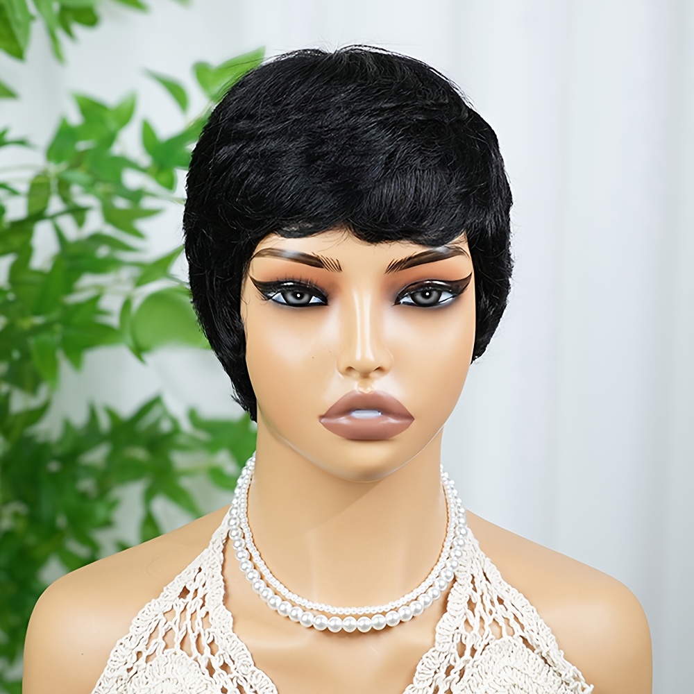 TEMU Perruque courte et raide noire, coupe , cheveux humains avec frange - Perruques de cheveux humains brésiliens vierges à de 150 % pour femmes, -