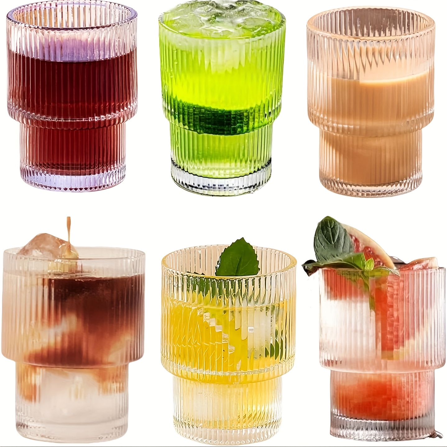TEMU 6-pack 200ml/6.8oz, Iced Coffee Cup, Threaded Glass Cup, Vertical Striped Water Cup, Juice Cup, Milk Tea Cup, Drinking Utensils, For Christmas,