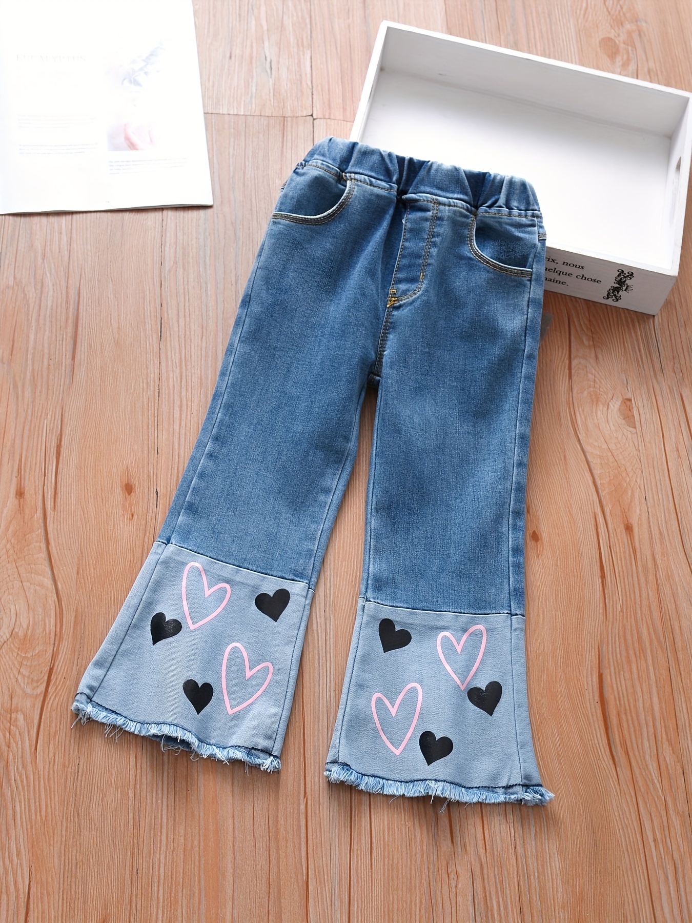 Cute Heart Patched Girls Long Flared Denim Jeans Girls - Temu Canada